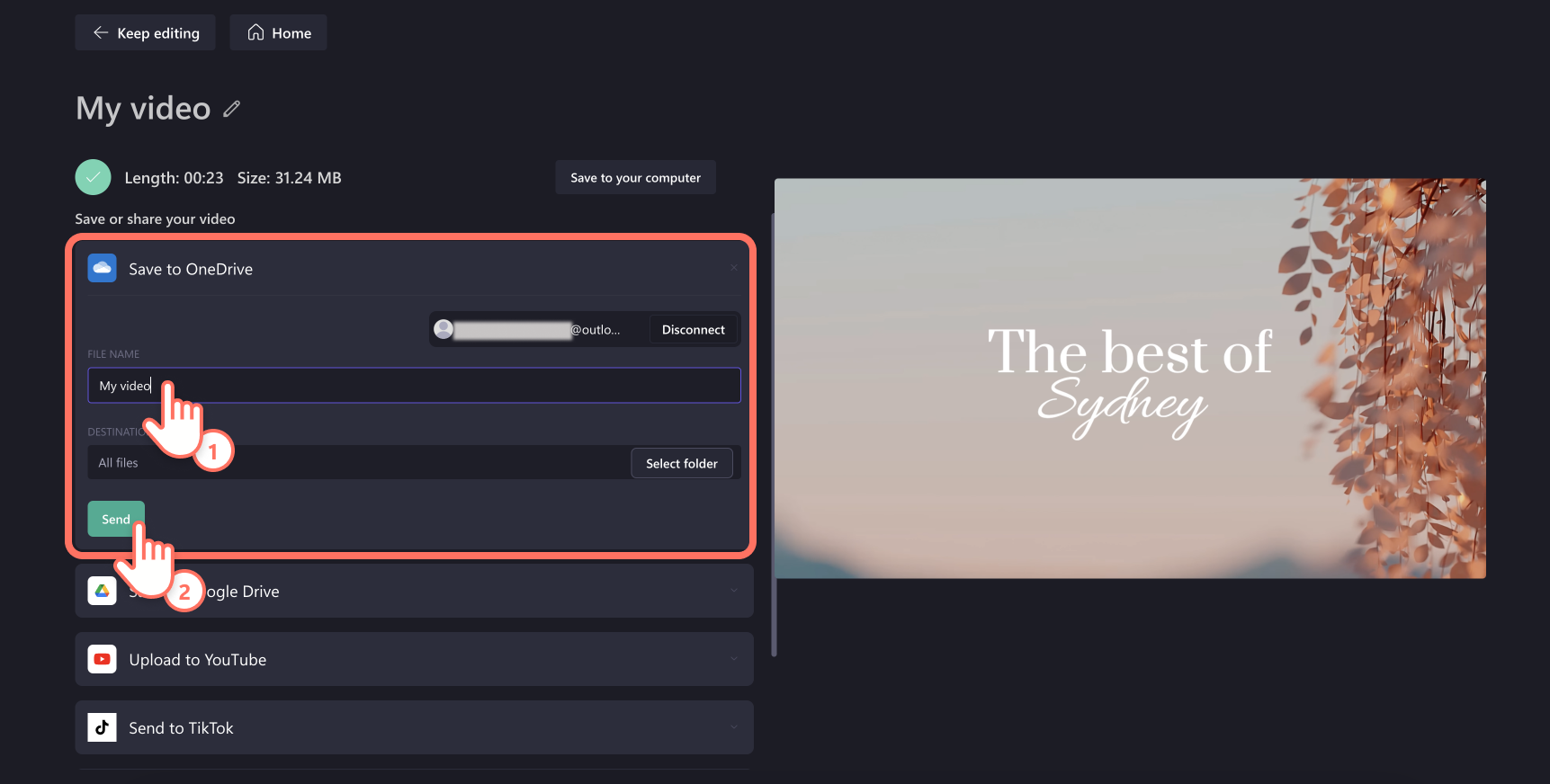 Clipchamp export page