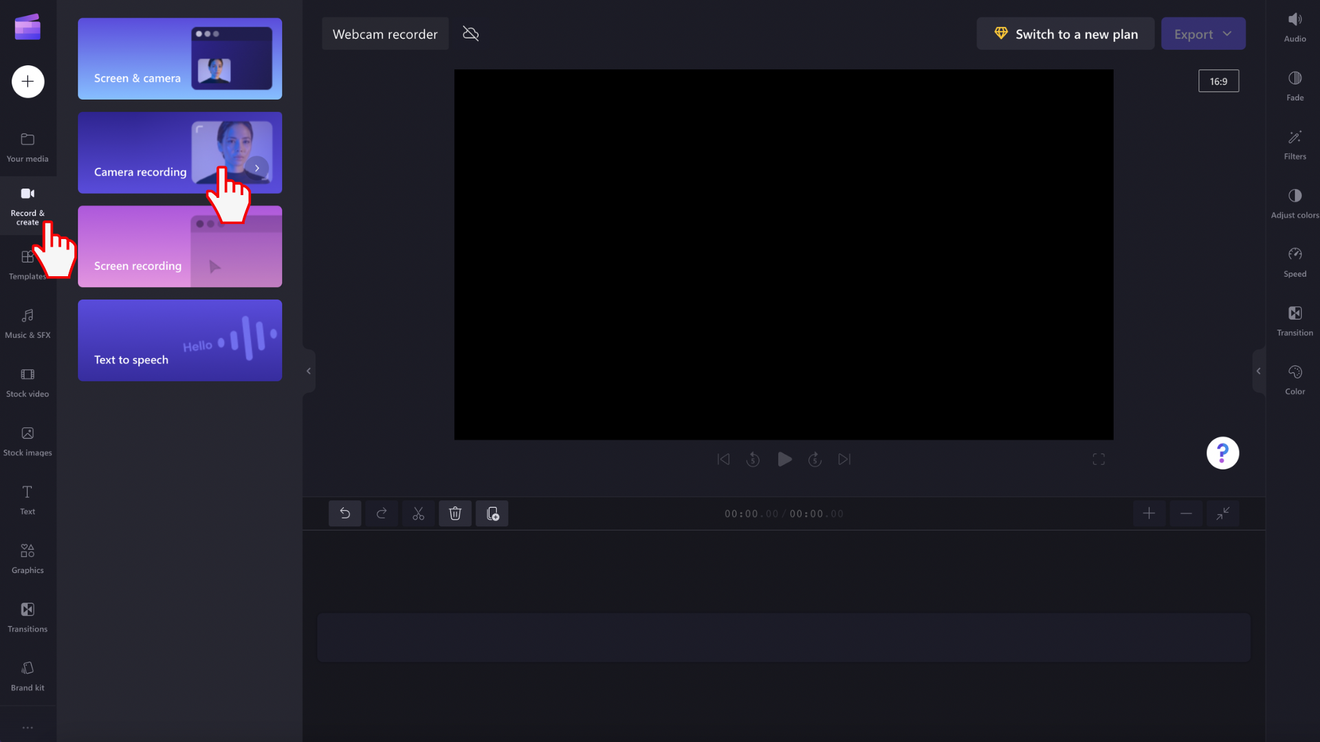 An image of a user clicking on the record and create tab, then the camera recording feature.