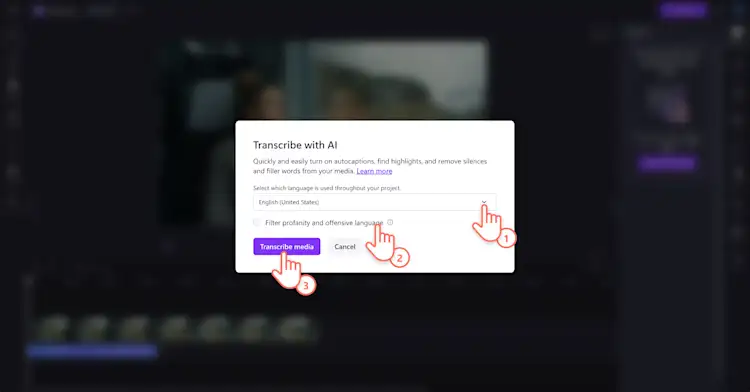Image d'un utilisateur sélectionnant le filtre de langue, de blasphème et de langage offensant, puis le bouton de transcription des médias.