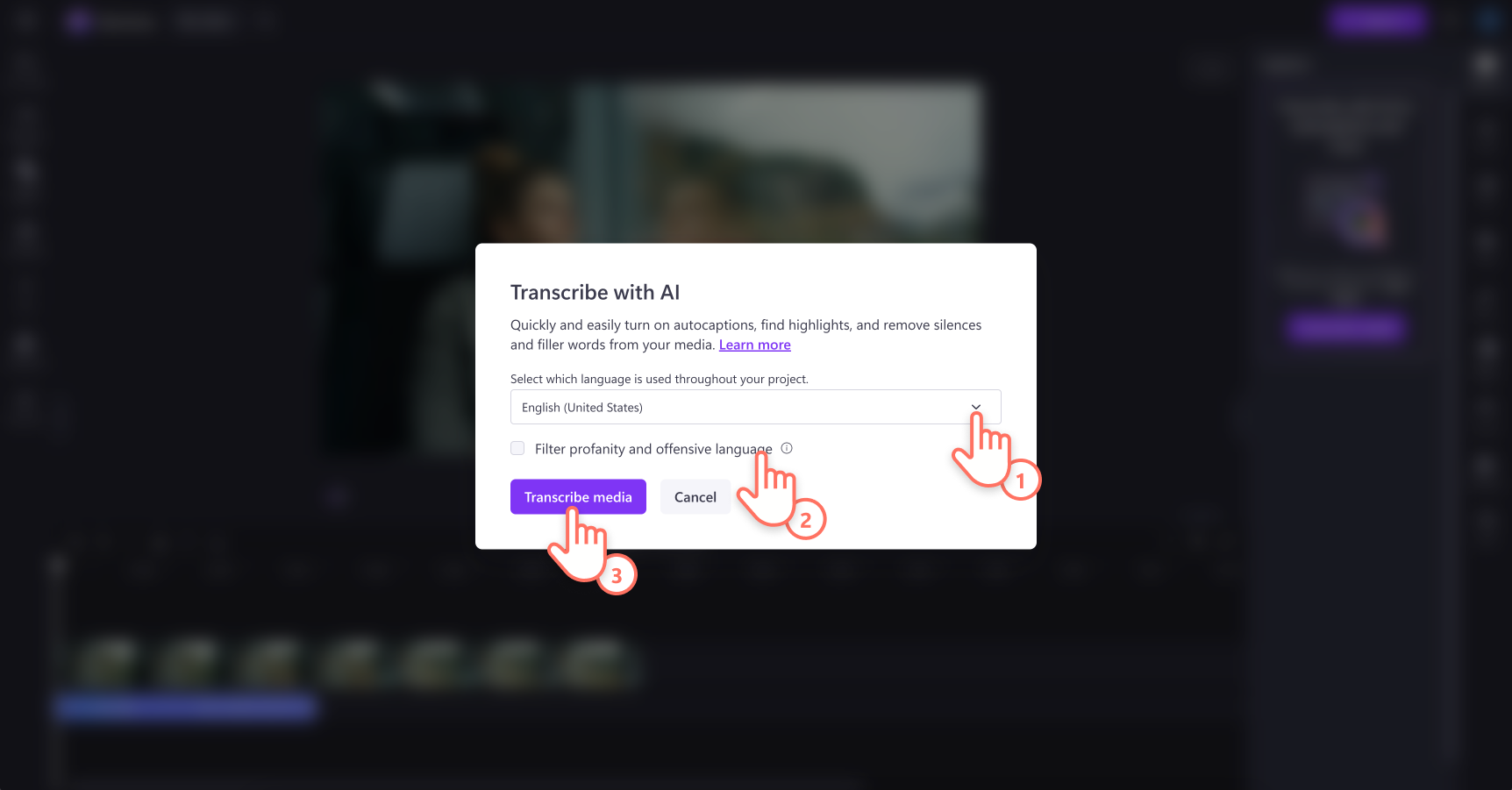 Image of a user selecting the language, profanity and offensive language filter then transcribe media button.