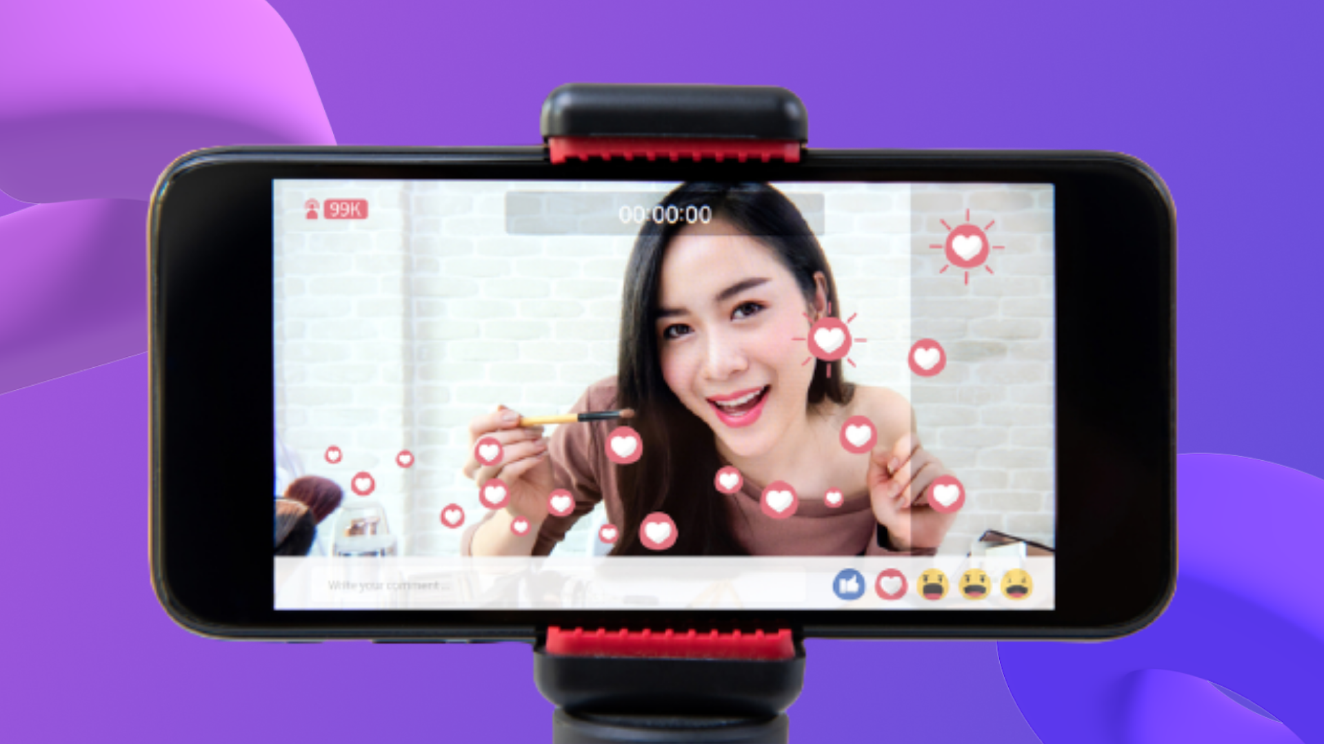 Vlogger live streaming like a pro on smartphone on a selfie stick