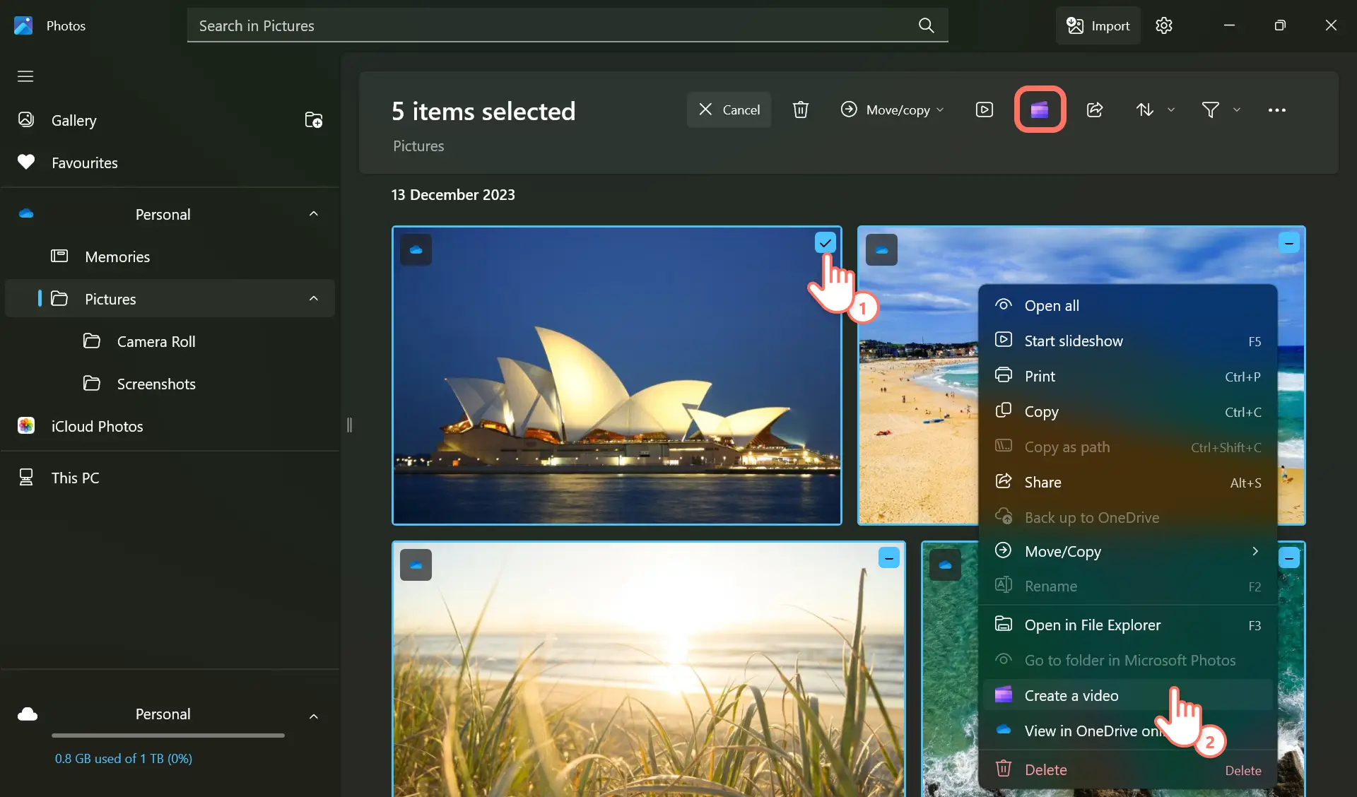 Un'immagine di anteprime di video nella galleria dell'app Foto in cui sono stati selezionati tre elementi per creare un video in Clipchamp