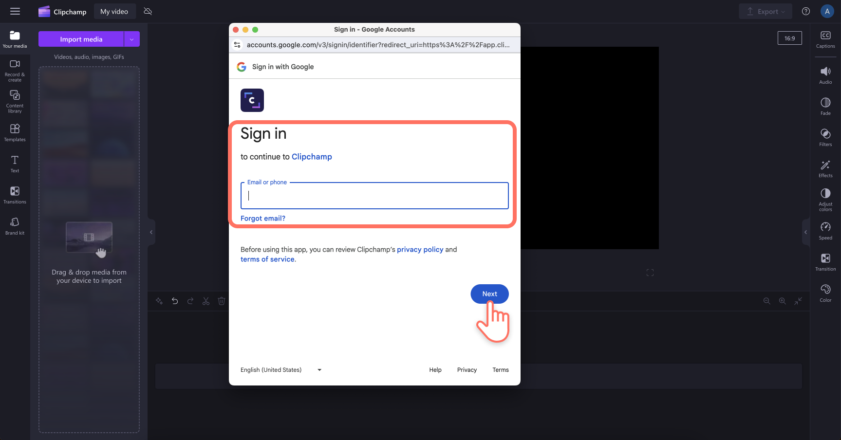 Image of a user signing into Google Drive in Clichamp.