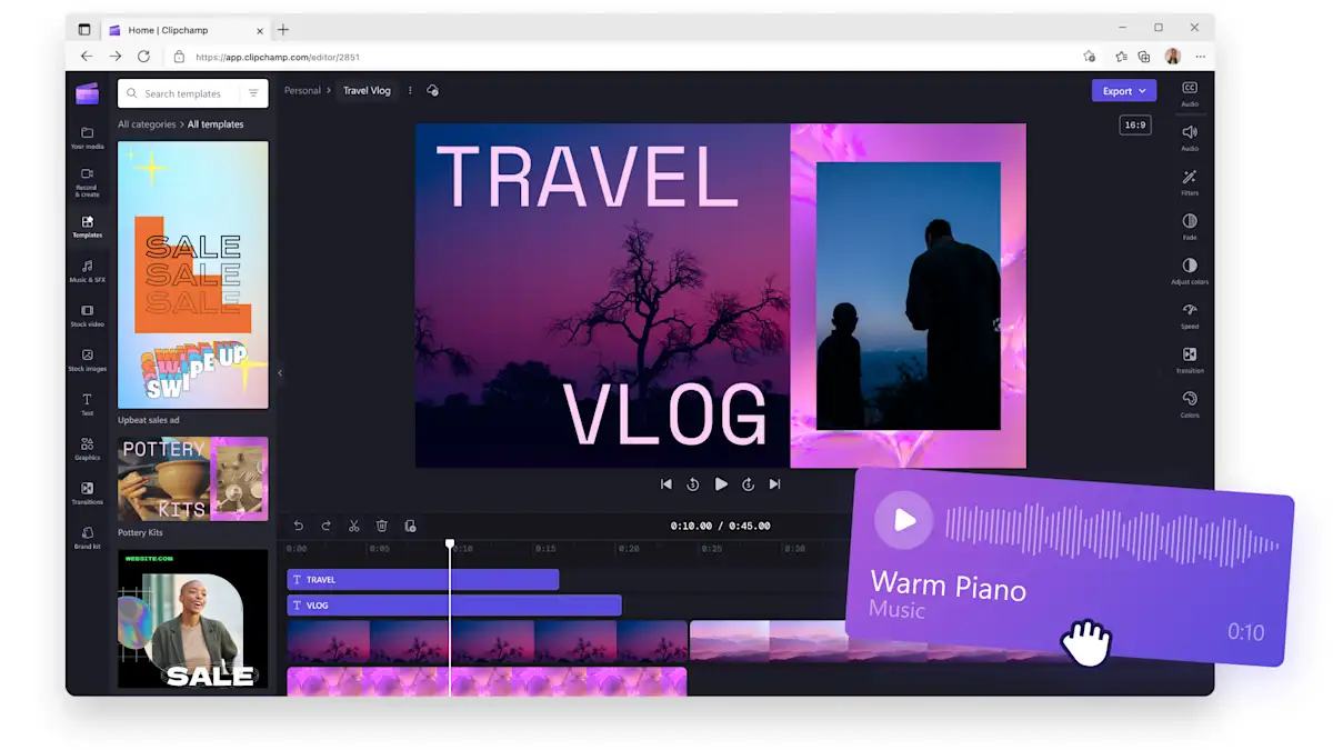 A preview of editing a video in Clipchamp video editor from Microsoft Edge browser.