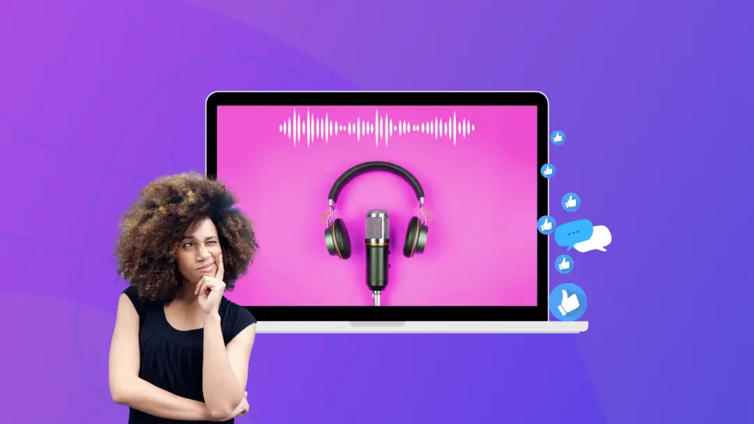 A woman thinking next to an image of a podcast playing on a laptop