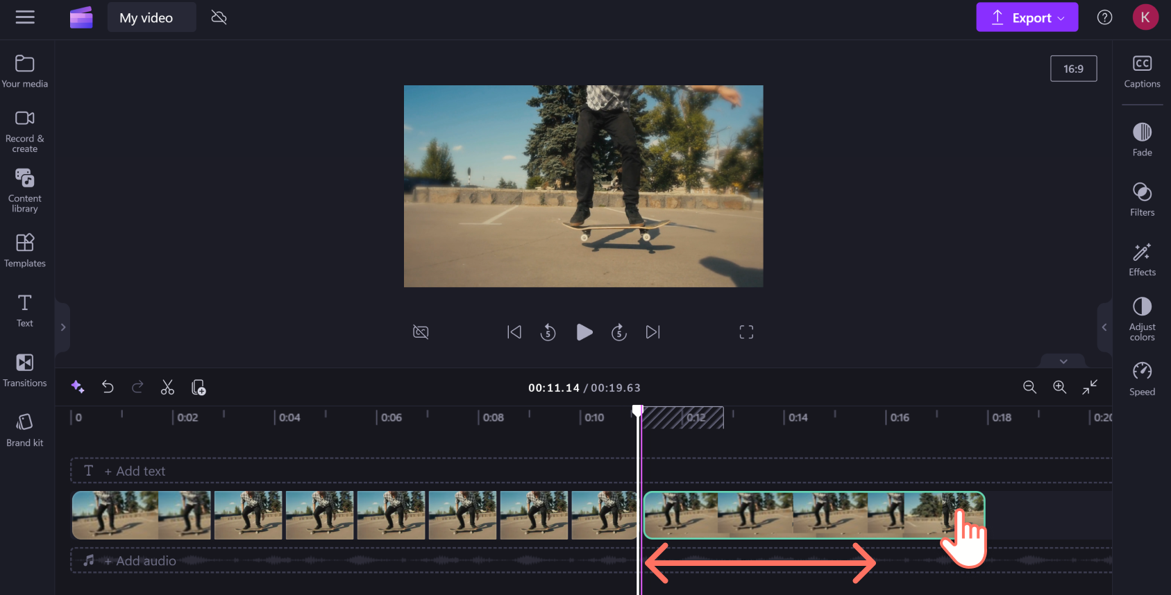 An image of a Clipchamp user dragging the remainder of their split video clip back with the rest of the footage so there is no blank space in the timeline.