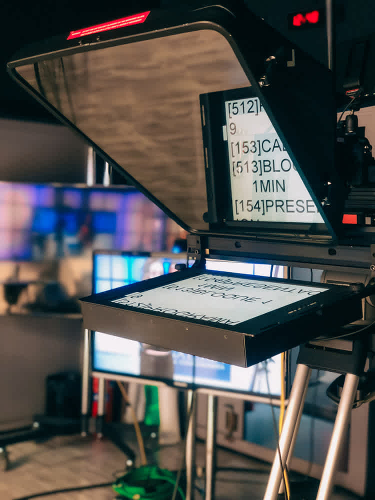 Teleprompter or autocue in use in a video production studio