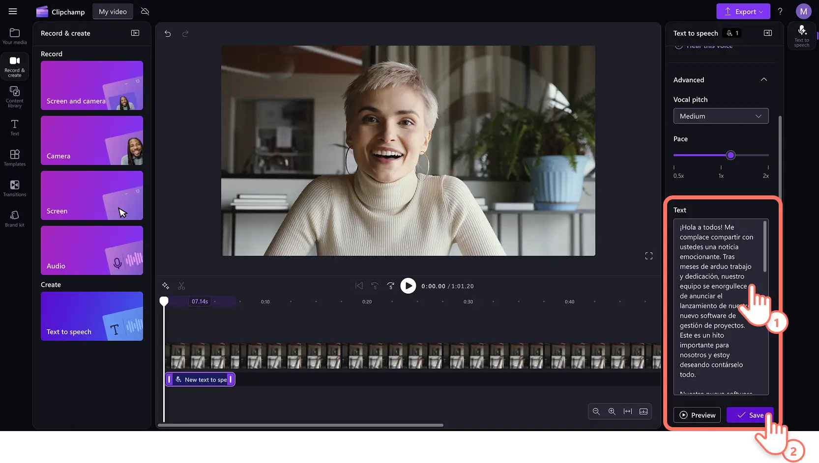A user typing a voiceover script and generating a Spanish AI voiceover in Clipchamp video editor.