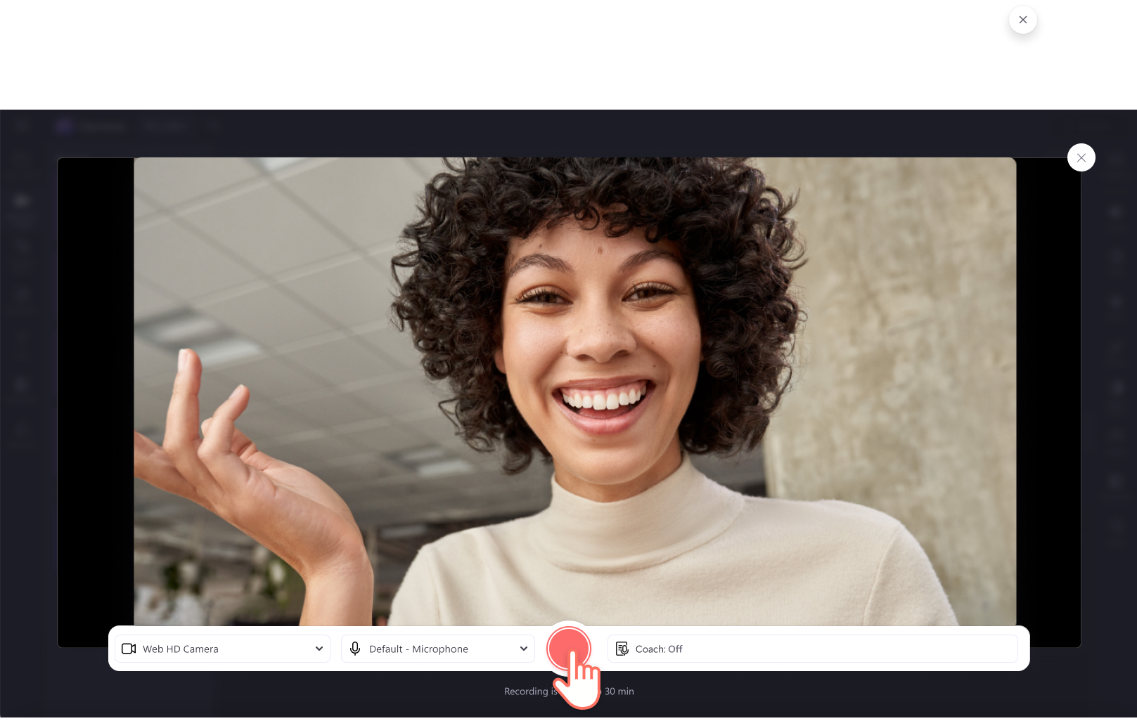 Select sources, speaker coach and record your webcam in Clipchamp