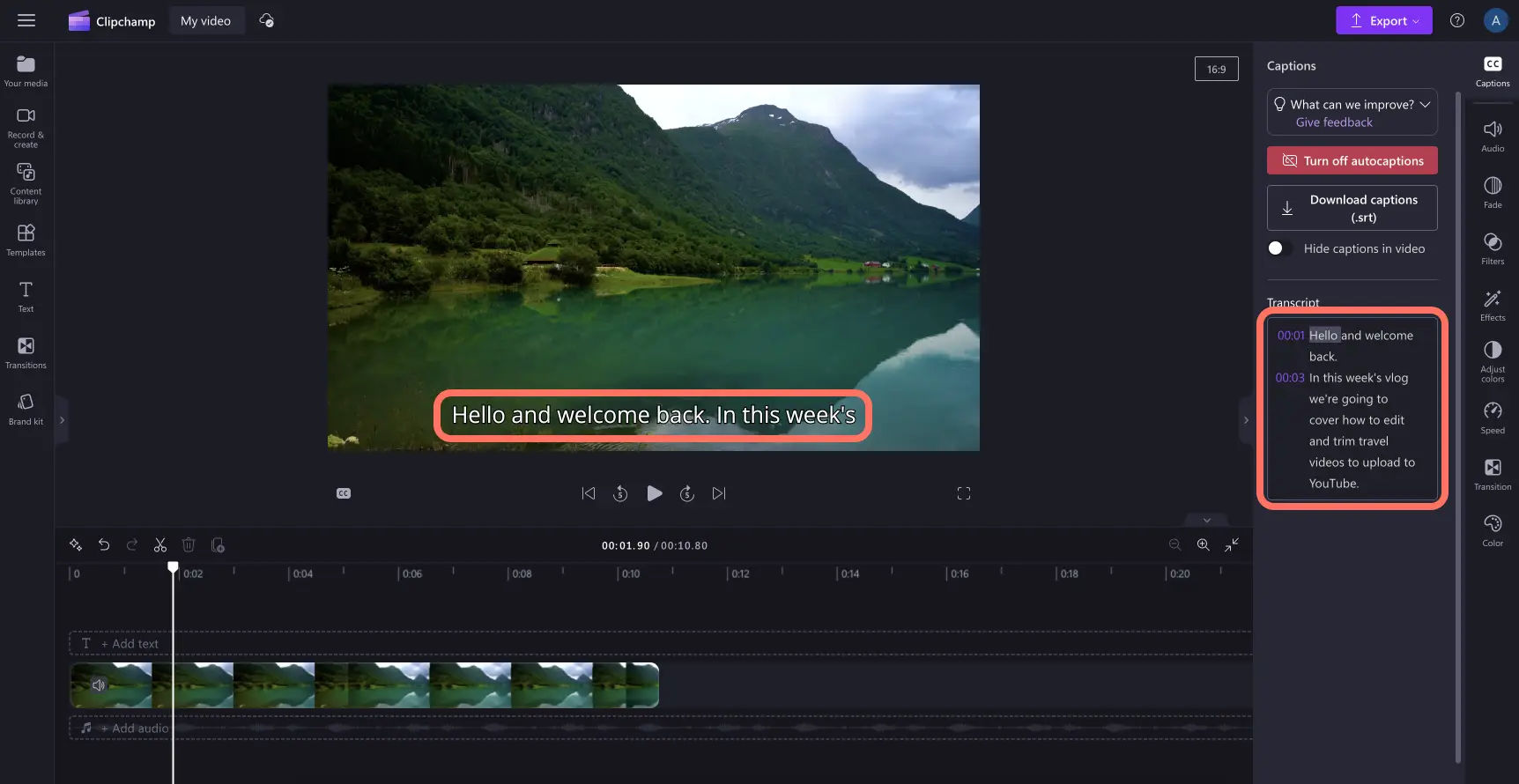 Image of the subtitles created by autocaptions in Clipchamp.