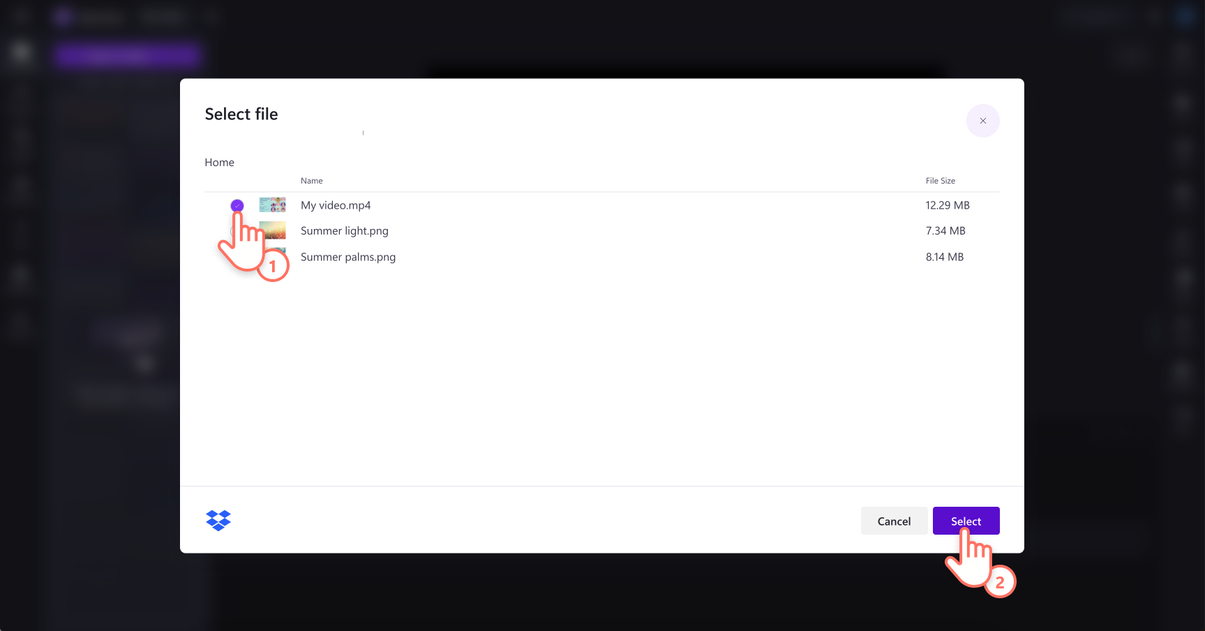 Image of a user selecting photos and videos in Google Drive to import into Clipchamp.