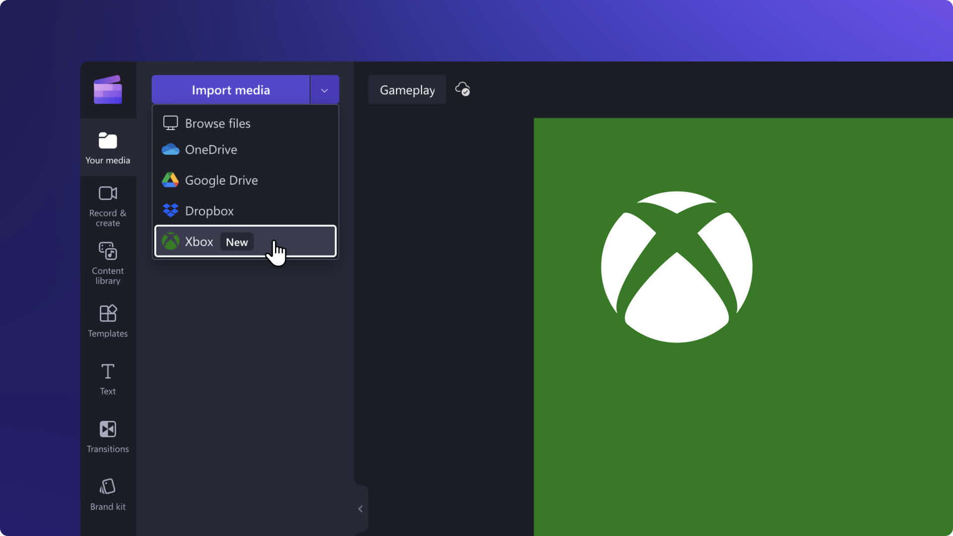An image of the Xbox integration in Clipchamp.