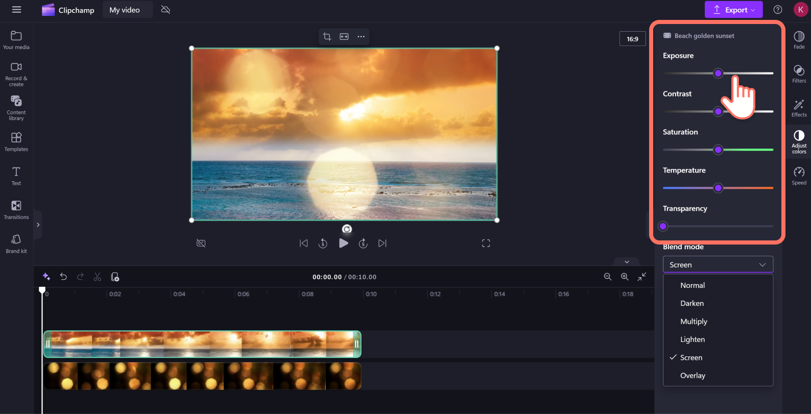A user adjusting the color settings of their bokeh effect video in Clipchamp.