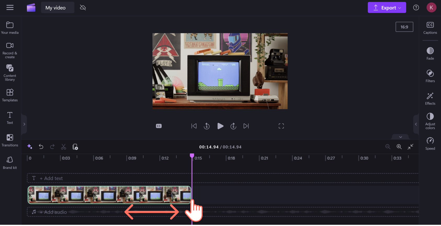 Una imagen de un usuario de Clipchamp recortando su clip de vídeo para que dure menos de 15 segundos.