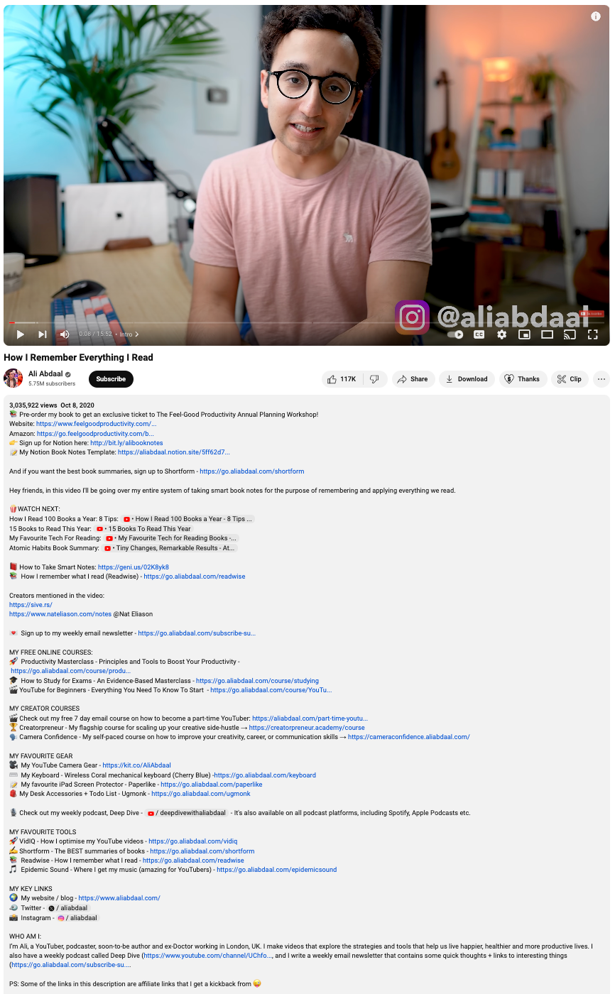An image of Ali Abdaal's video description for his YouTube video 'How I Remember Everything I Read.'
