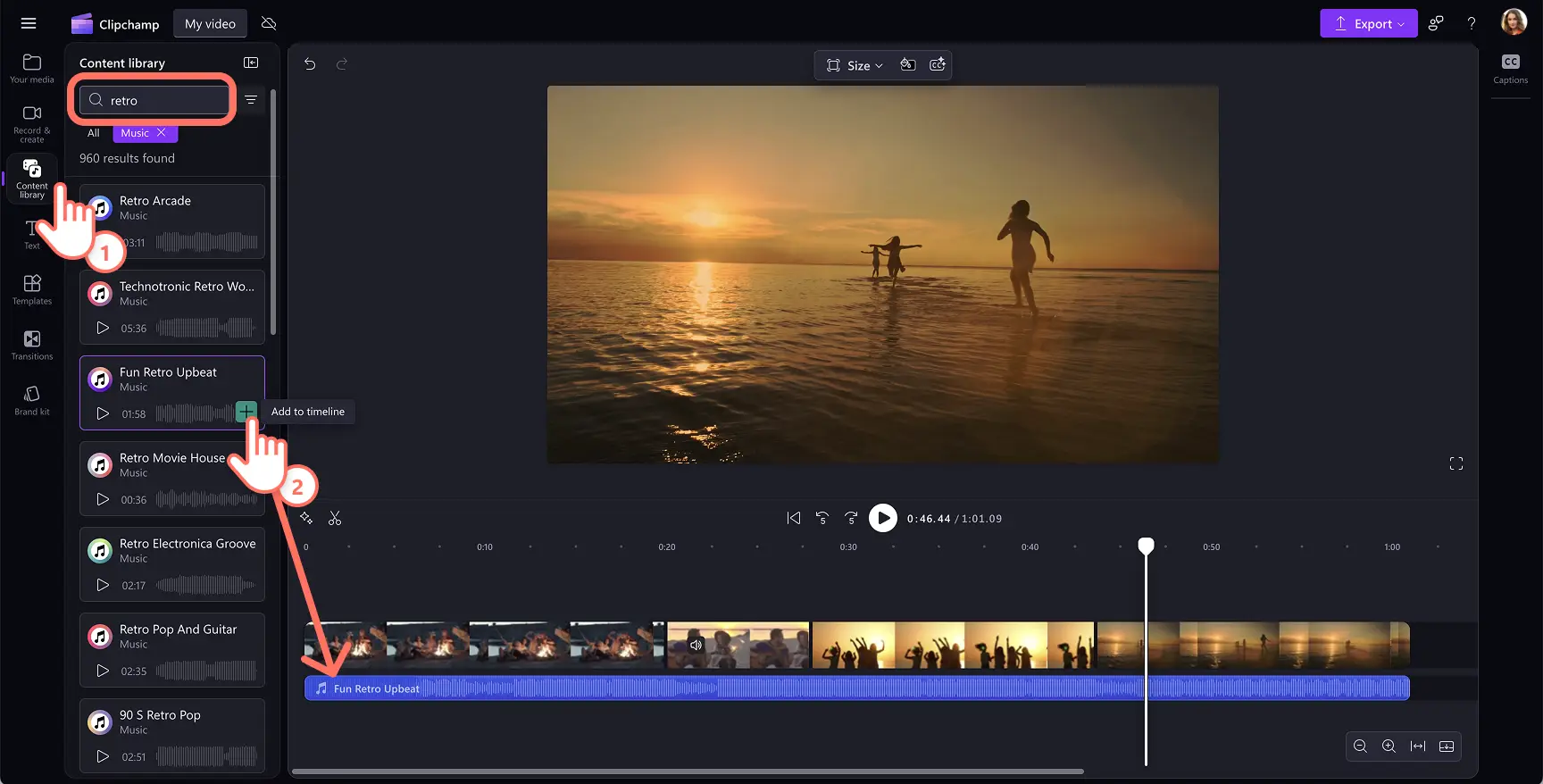 A user adding background music to a VHS effect video in Clipchamp.