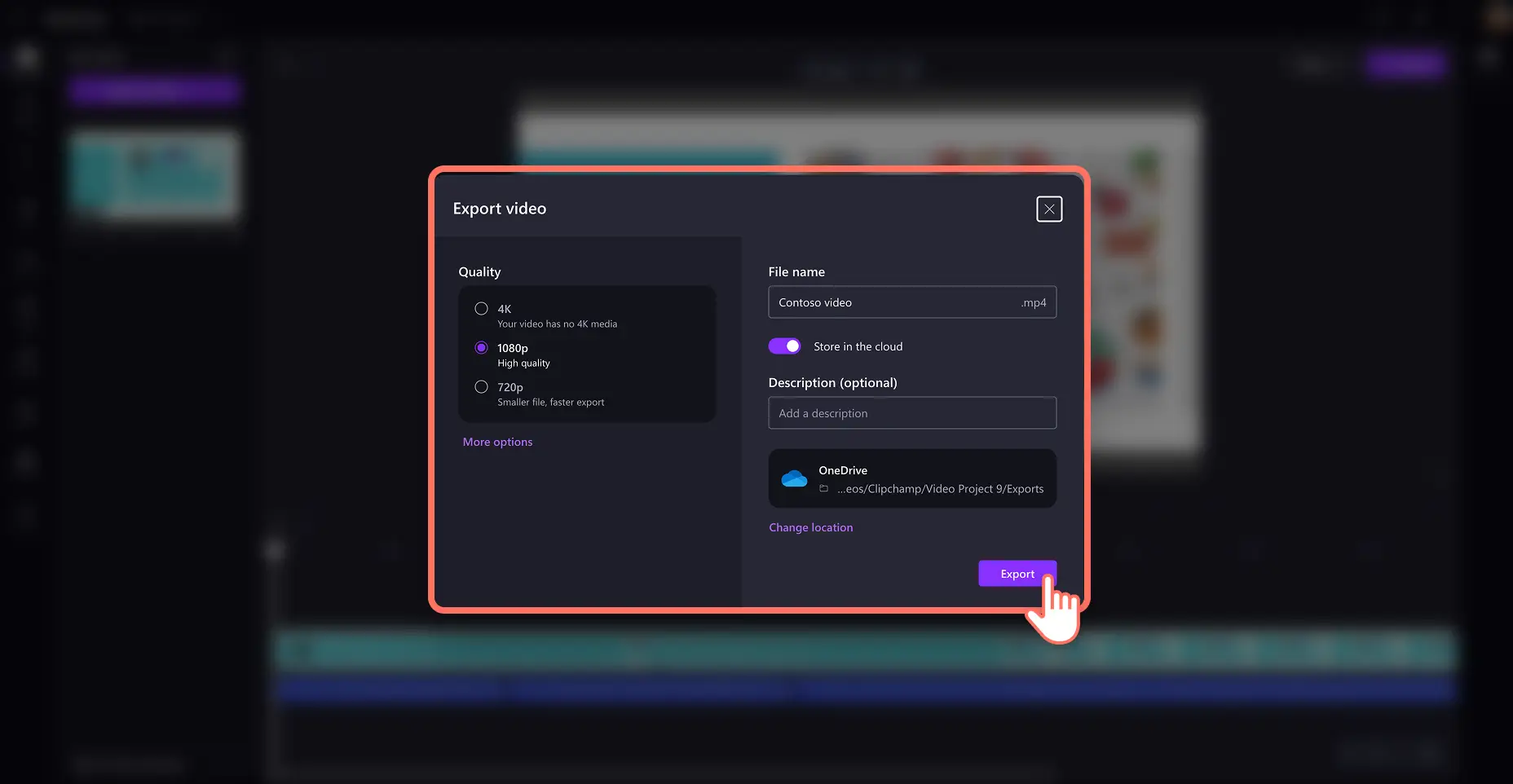 A user saving a narrated video in high quality in Clipchamp for work