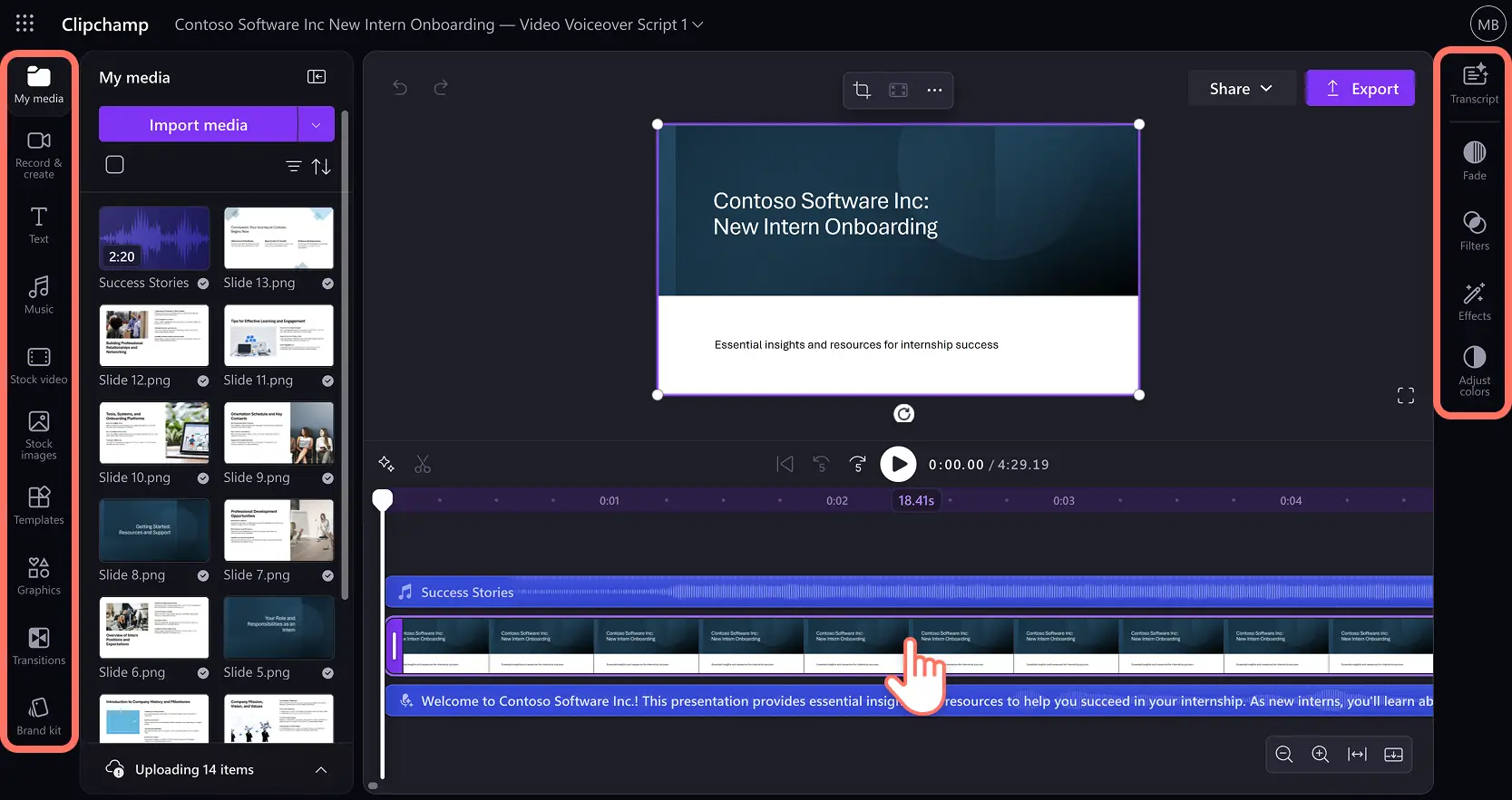 A user editing a video presentation in Clipchamp