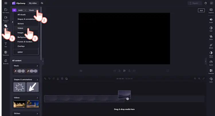 An image of a user finding a stock video in Clipchamp.