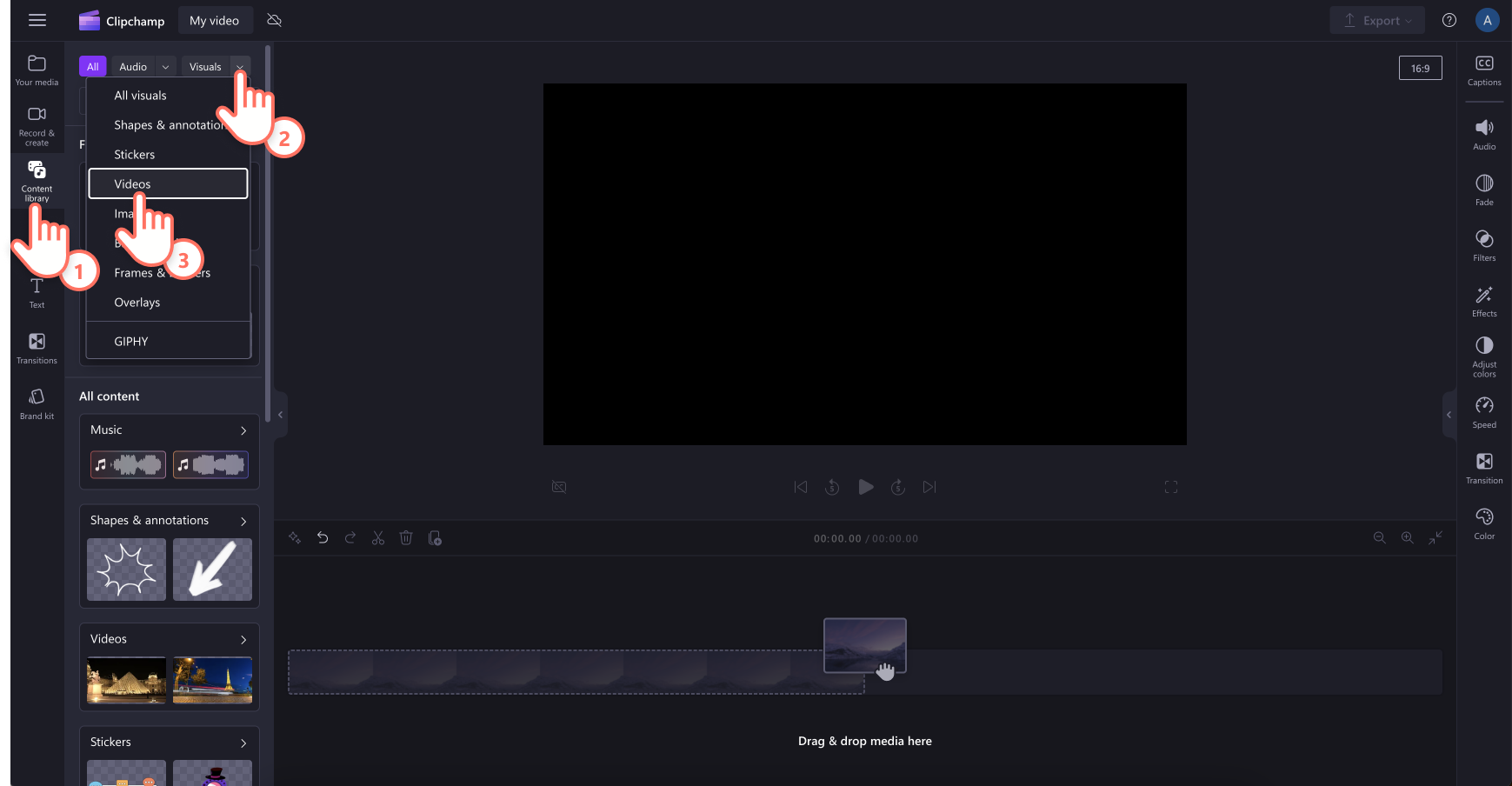 An image of a user finding a stock video in Clipchamp.