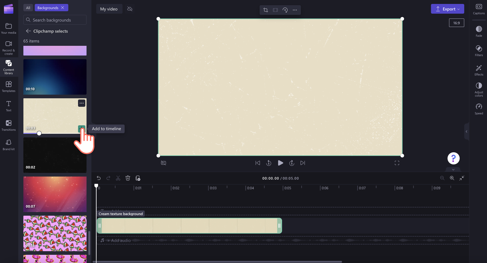 An image of a user adding a video background to the timeline.
