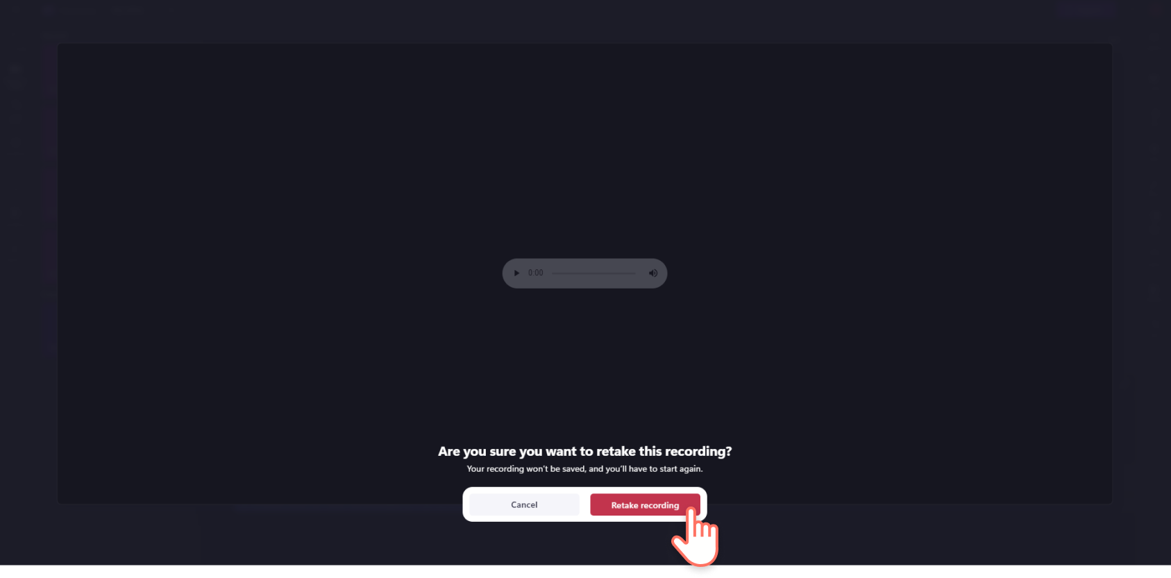 A user clicking on the retake recording button inside the online audio recorder in Clipchamp.
