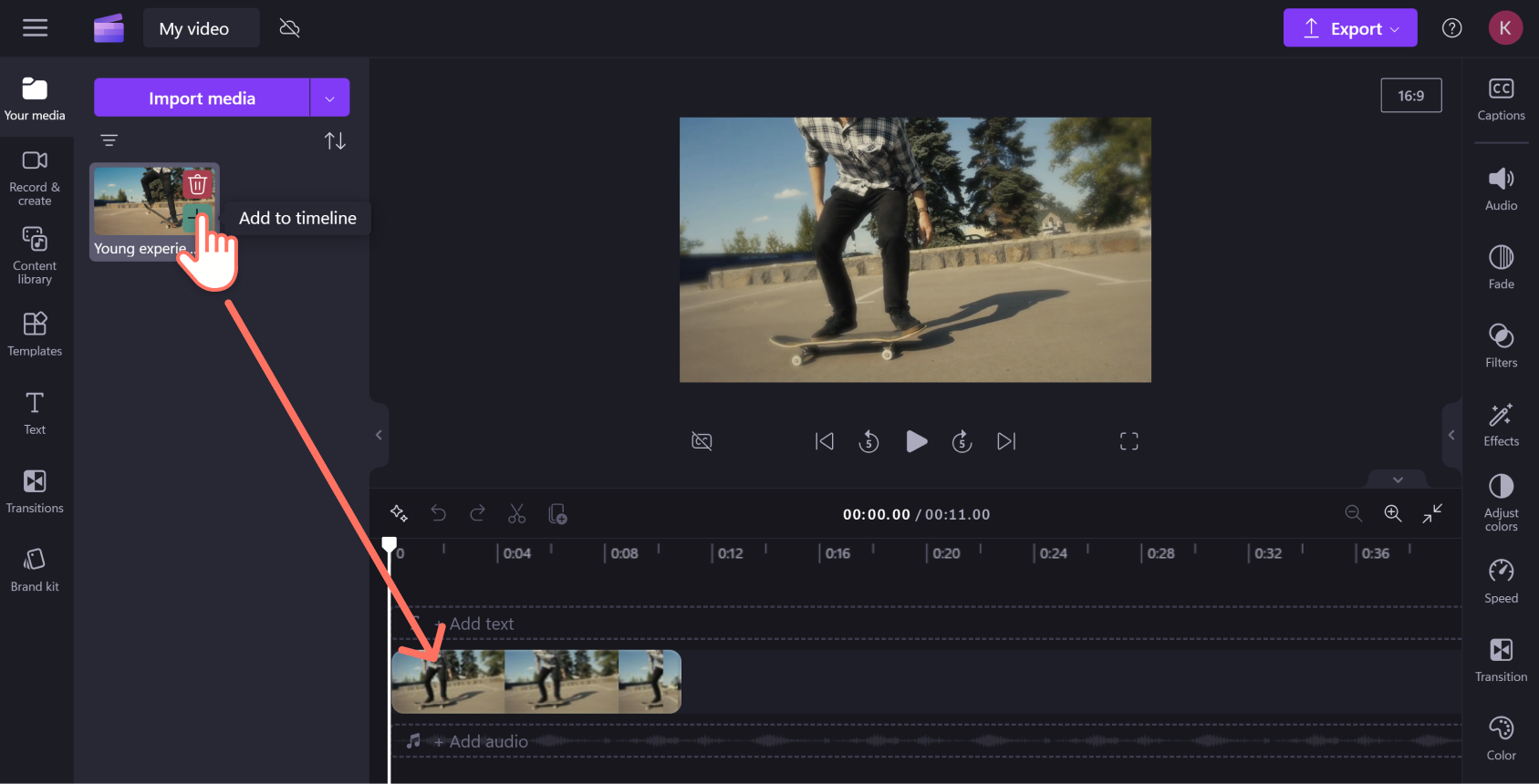 An image of a Clipchamp user dragging imported media onto the editing timeline.