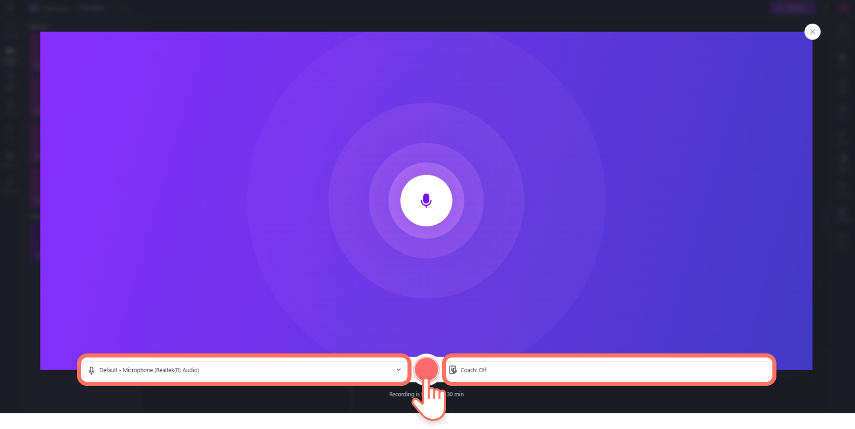A user clicking the record button inside the voice recorder in Clipchamp.