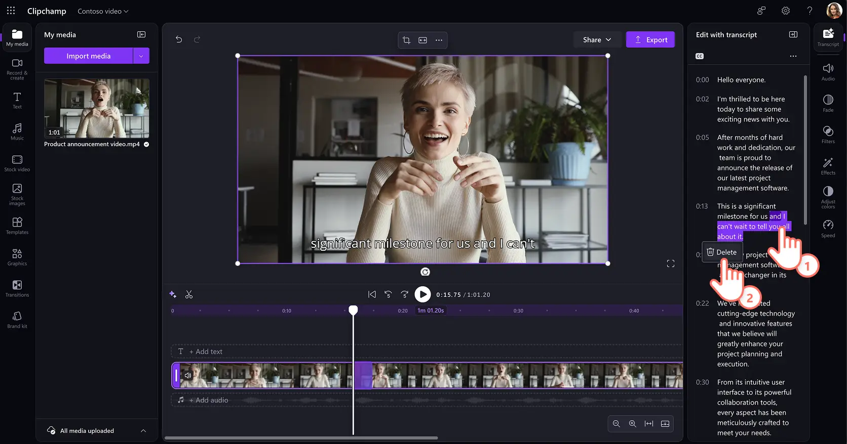 A user trimming a video using transcript based editing in Clipchamp for work
