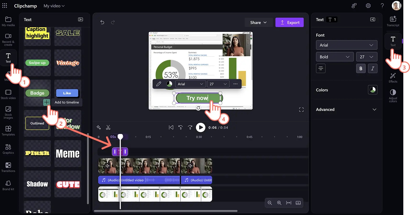 A user adding animated text to a product demo video in Clipchamp for work