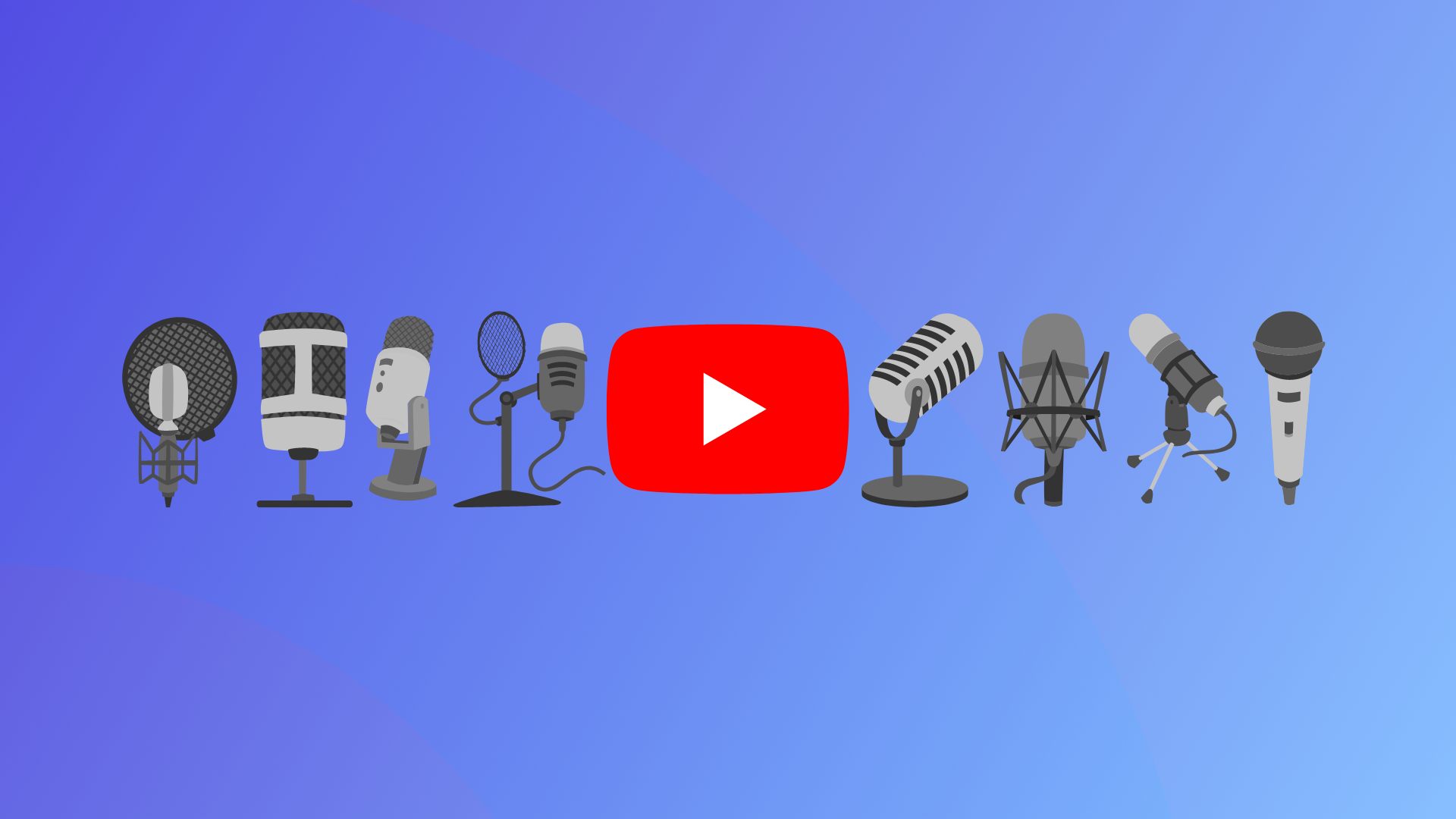Image of different types of microphones with the YouTube logo. 
