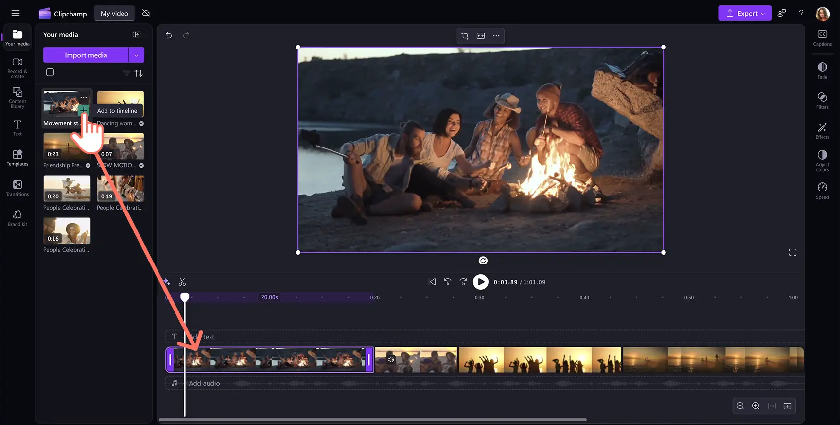 A user adding stock video of a beach campfire picnic onto the timeline in Clipchamp.