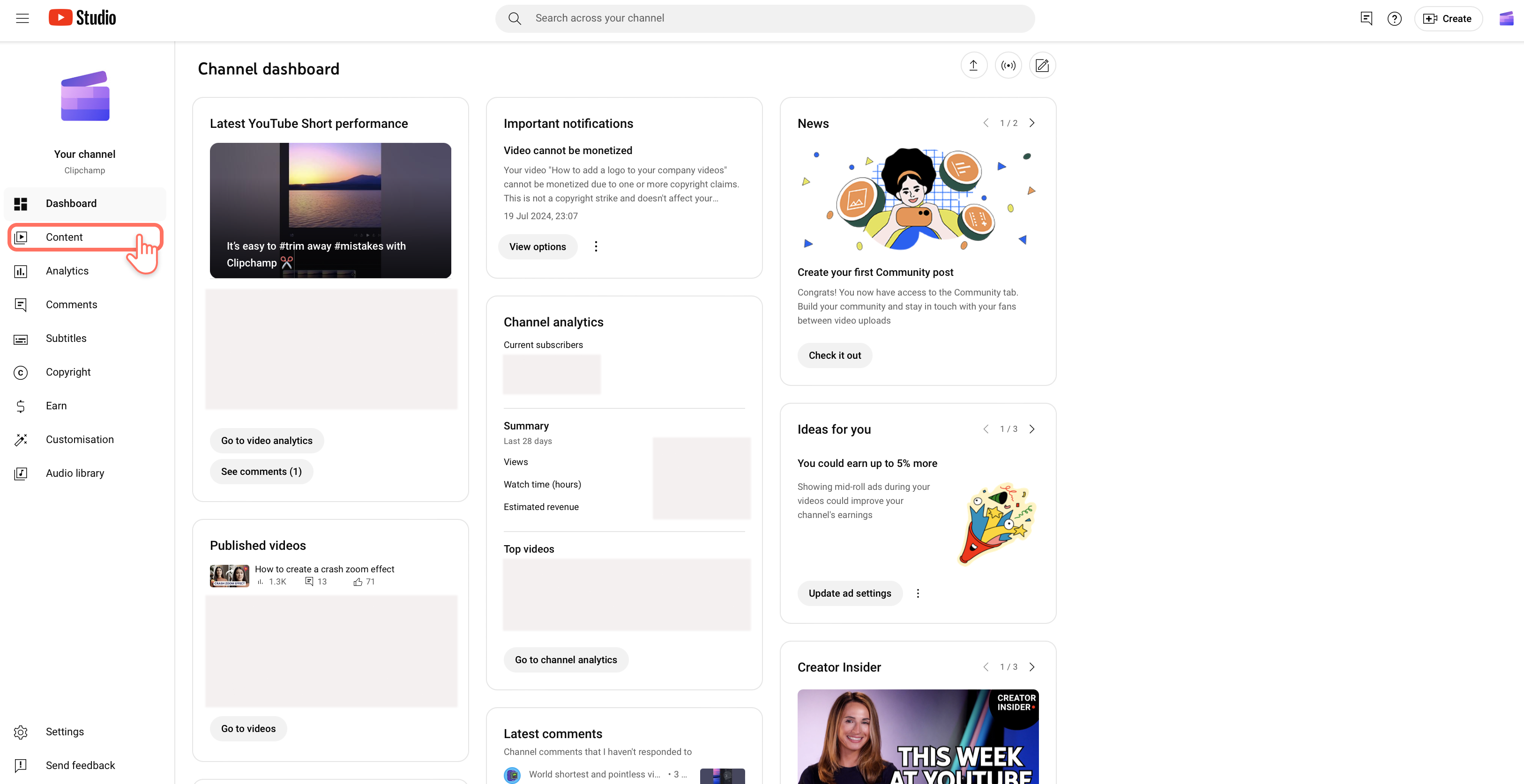 Chế độ xem YouTube Studio và lựa chọn Nội dung.