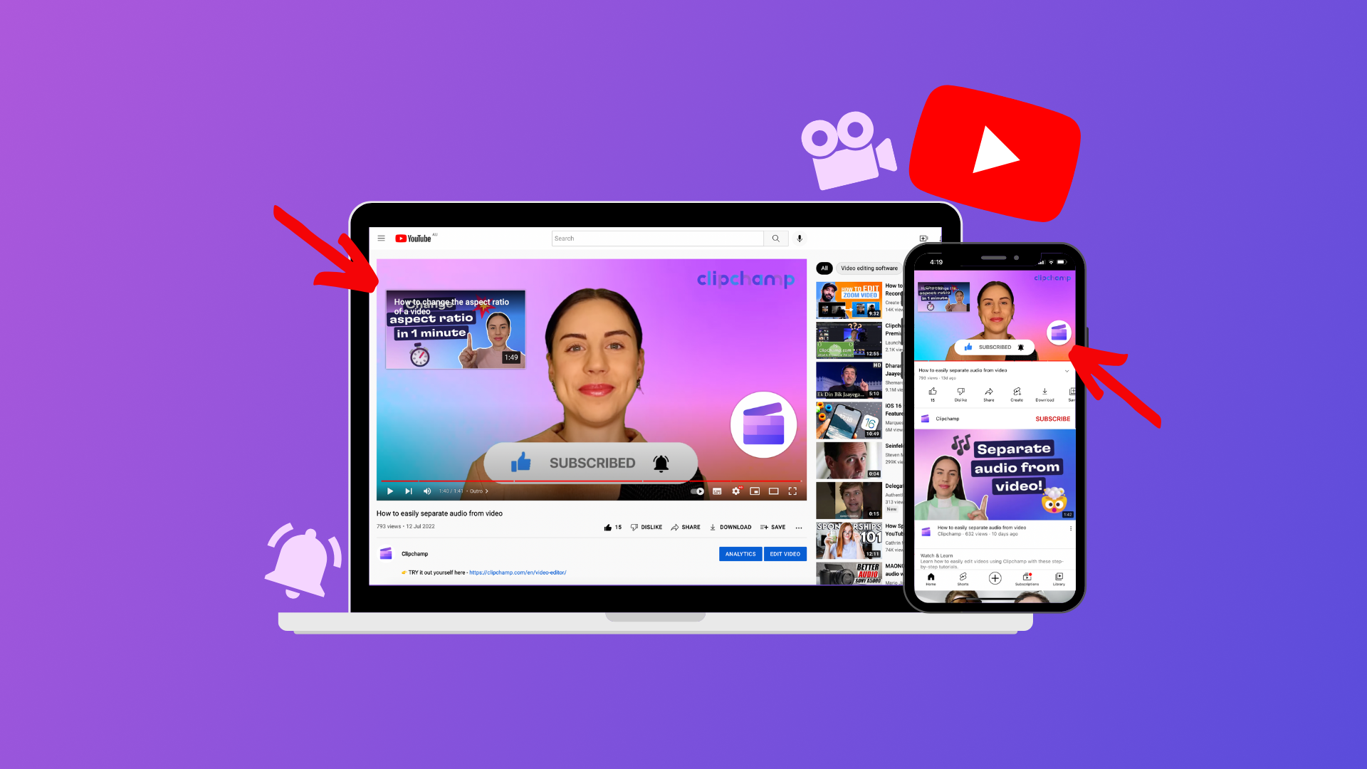 Image of a laptop and smartphone with a YouTube end screen on the screens.
