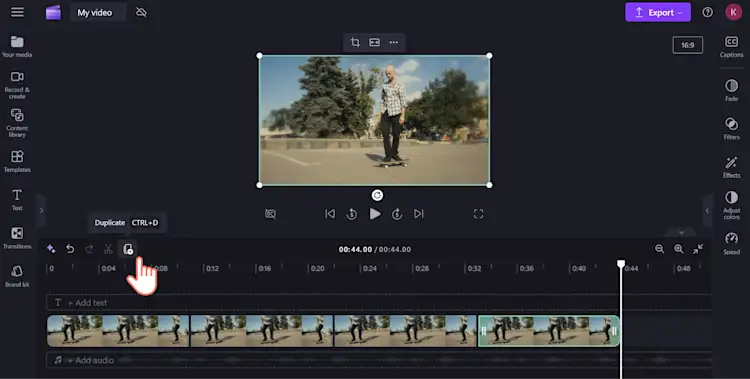 An image of a Clipchamp user clicking the duplicate button to make multiple copies of the same visual to create a video loop.