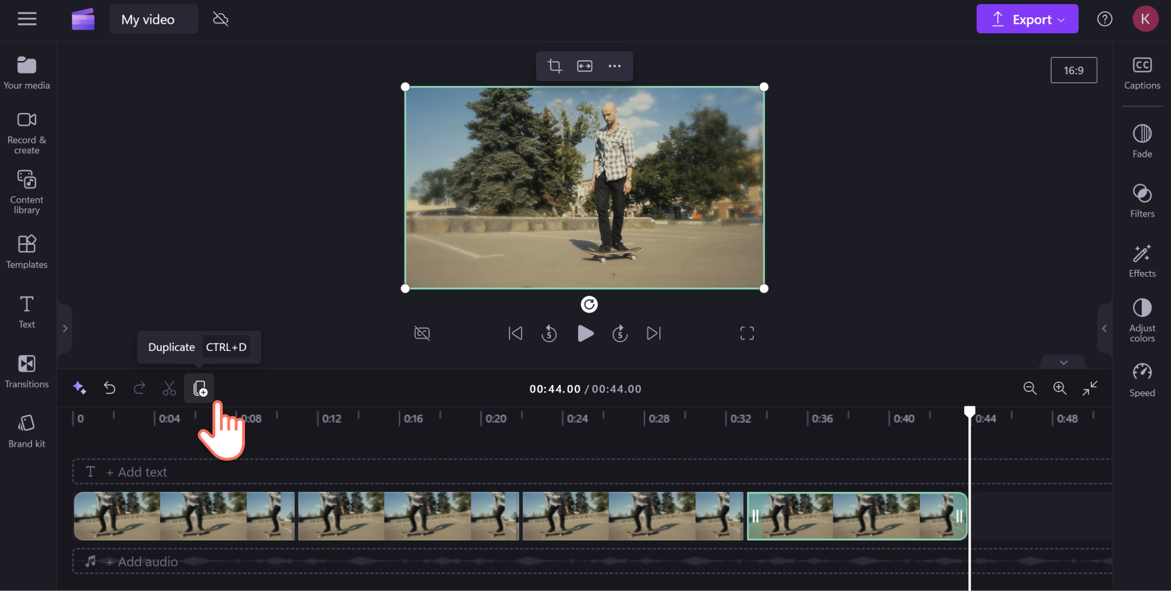 An image of a Clipchamp user clicking the duplicate button to make multiple copies of the same visual to create a video loop.