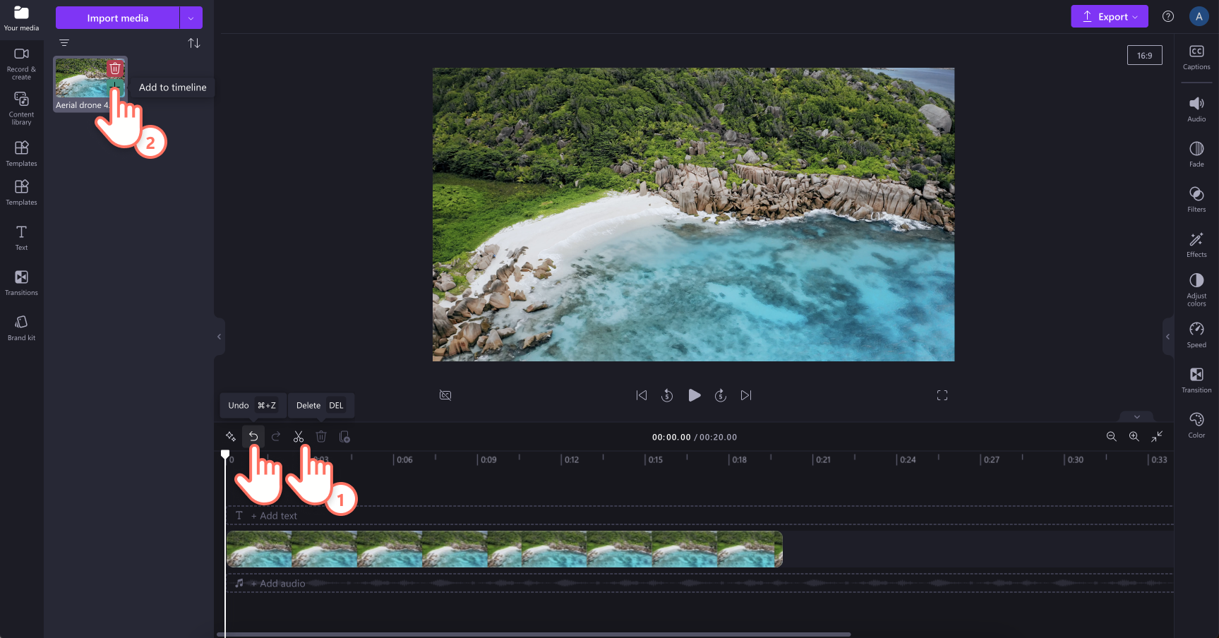 Image of a user undoing a crop, deleting the video from the timeline and then clicking to add the original uncropped video back onto the timeline.