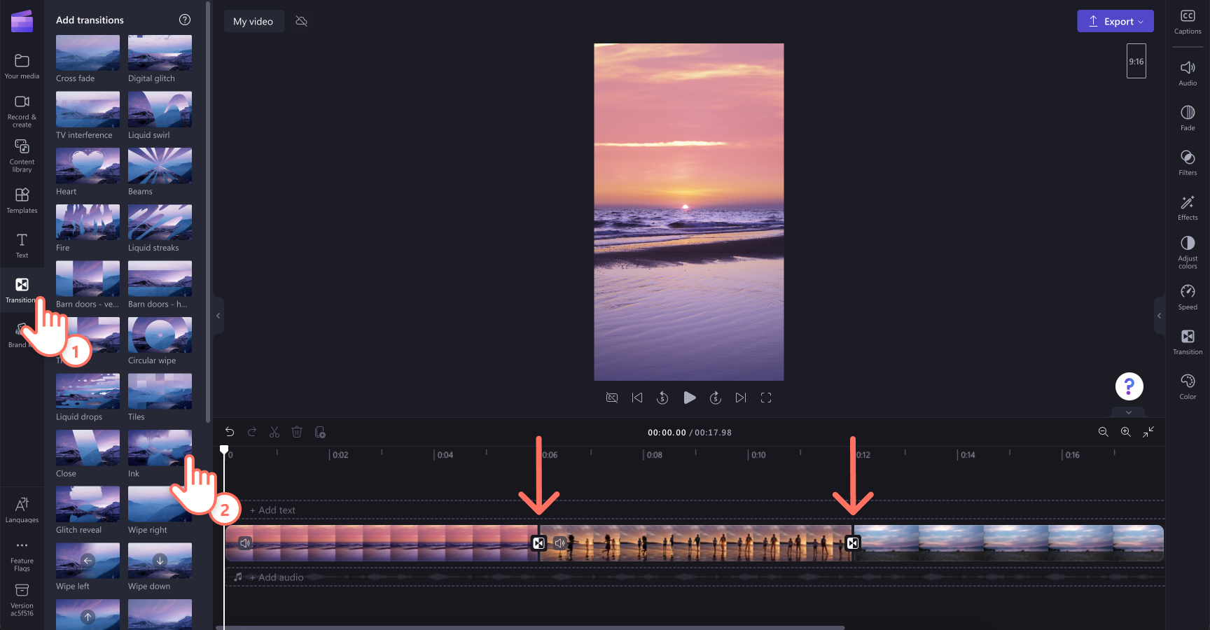 An image of a user adding transitions between videos on the timeline.