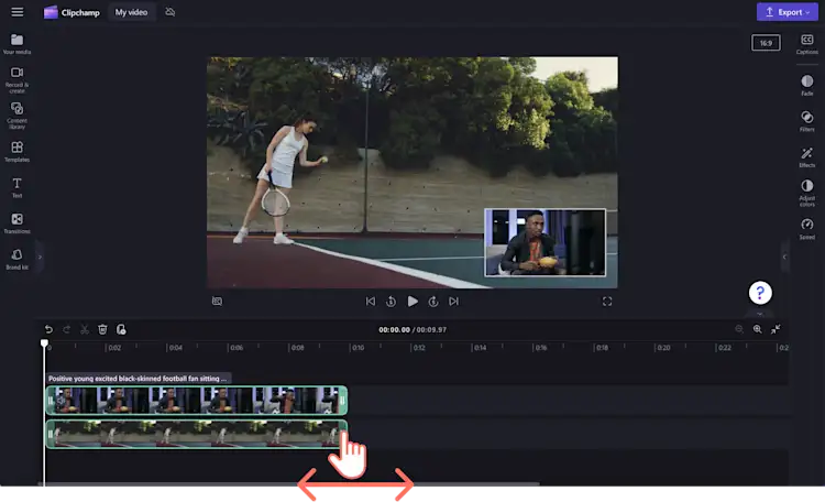 Obraz przedstawiający użytkownika przycinającego ścieżkę wideo na osi czasu.