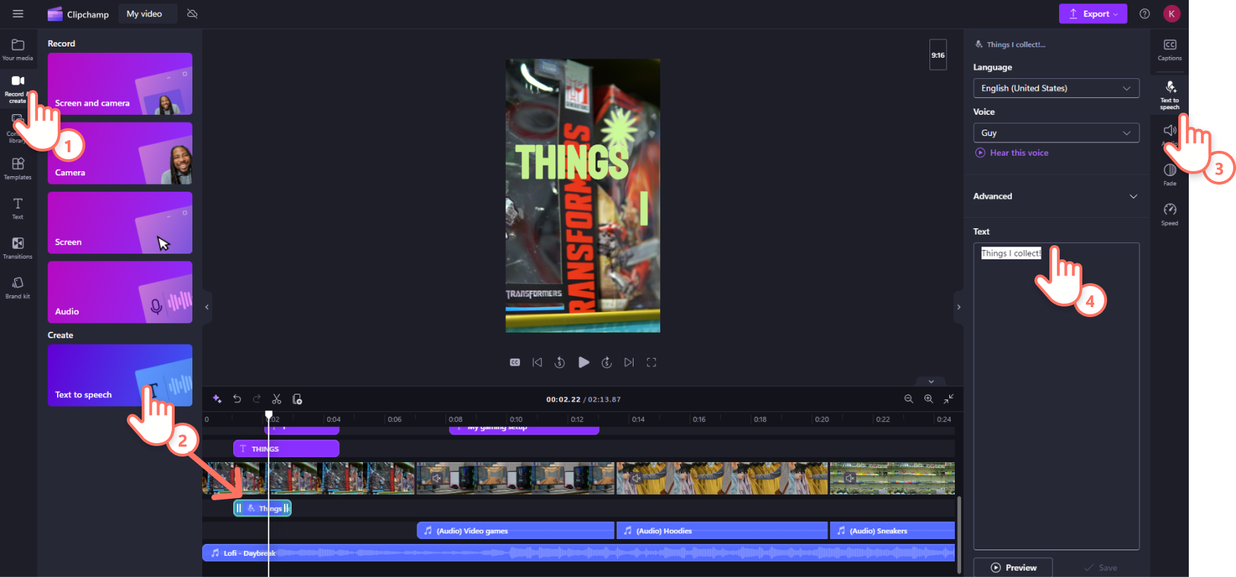 A screenshot of a Clipchamp user adding text to speech to their video.