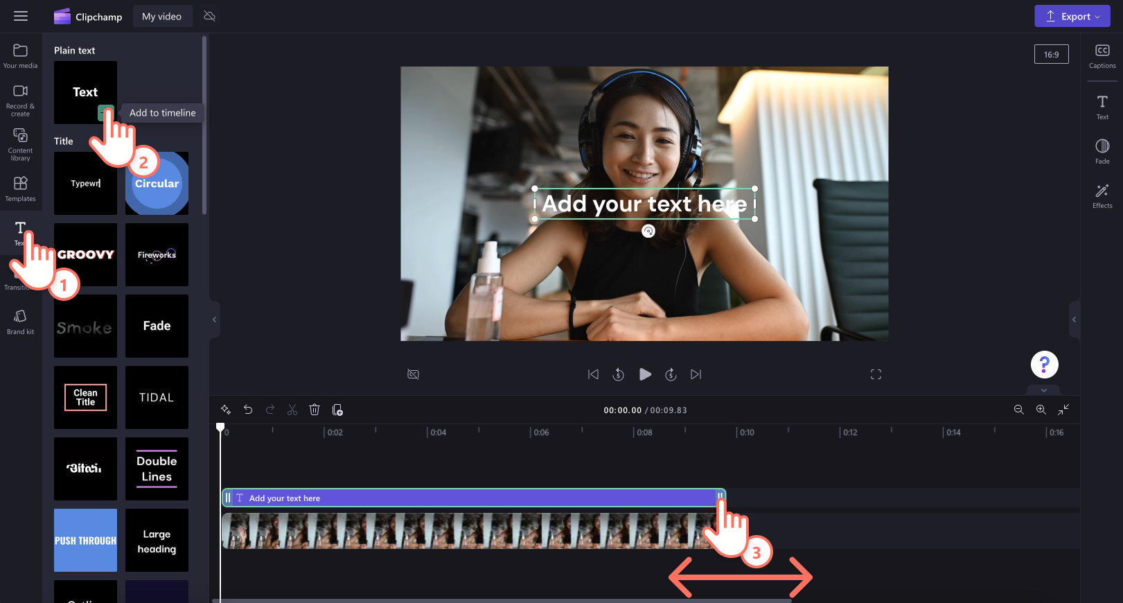 An image of a user clicking on the text tab then adding the plain text to the timeline.