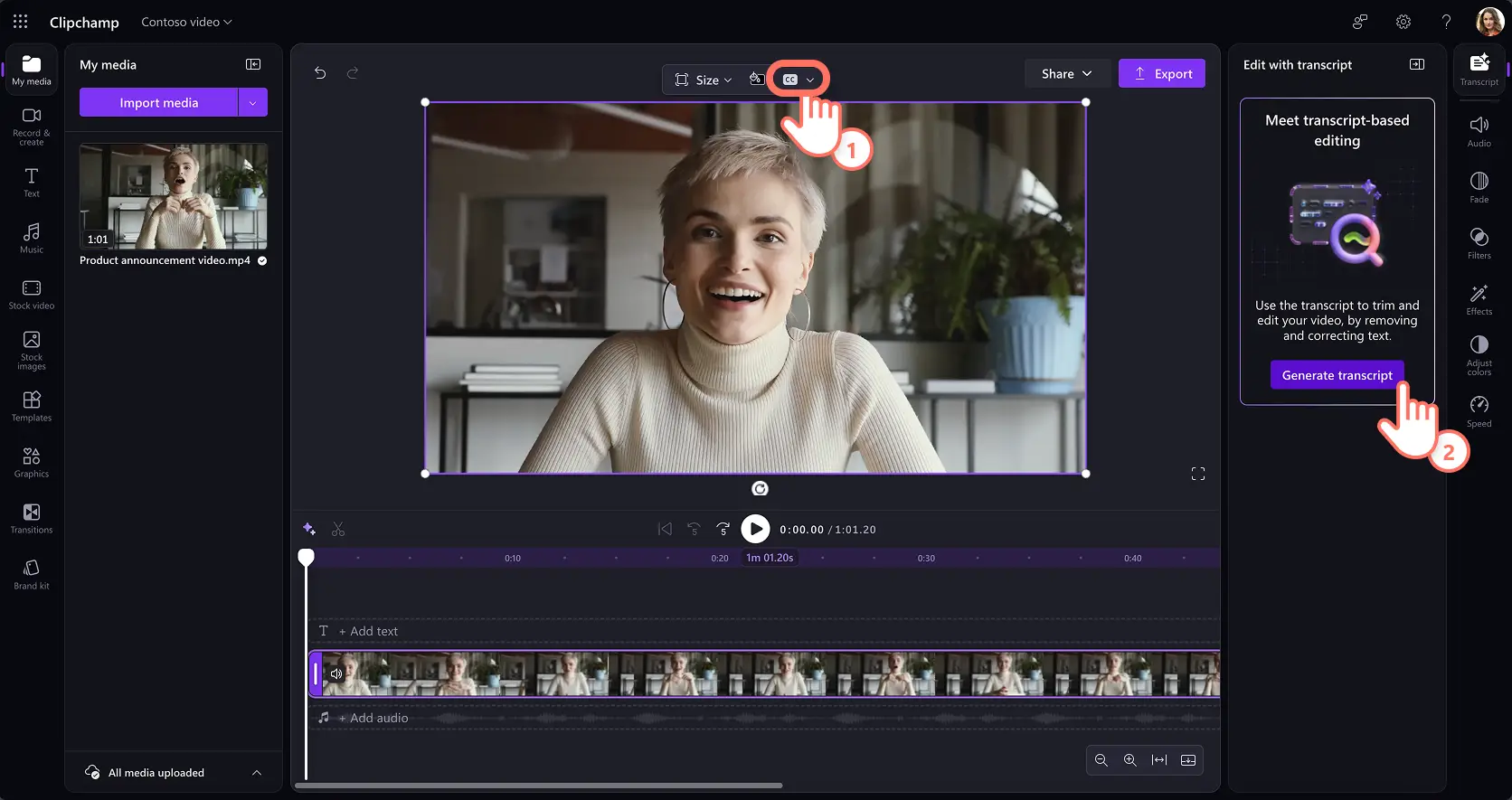 A user selecting generate transcript button in Clipchamp video editor for work