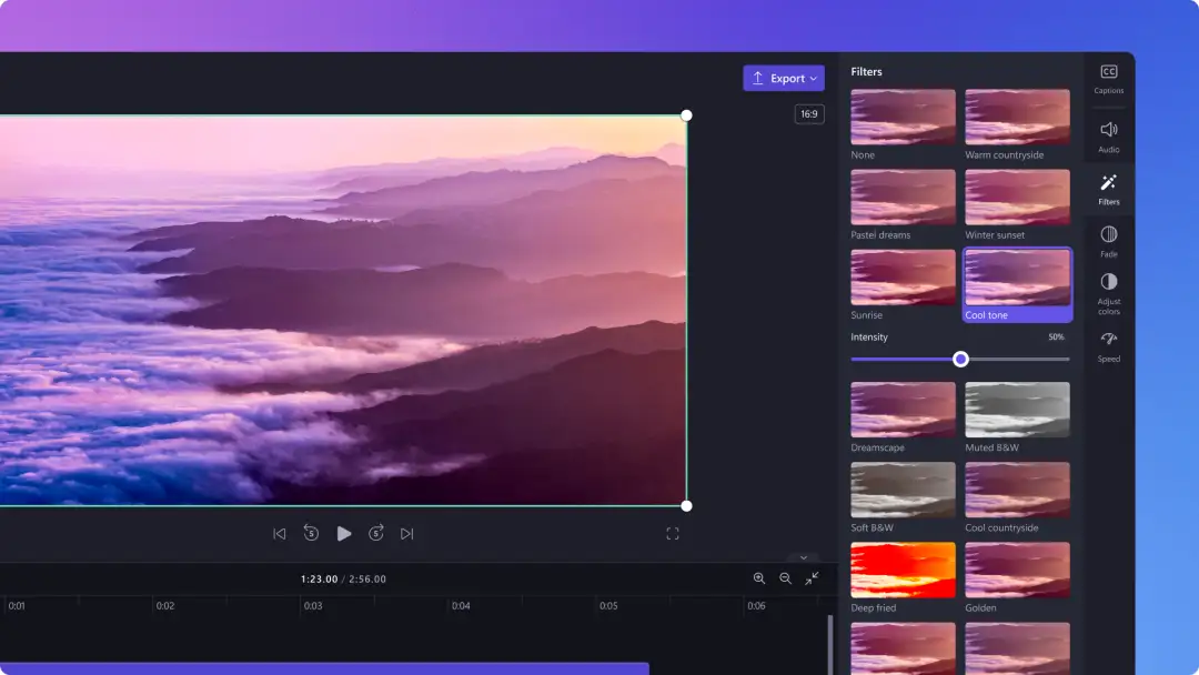 Uma imagem de filtros de vídeo no Clipchamp.