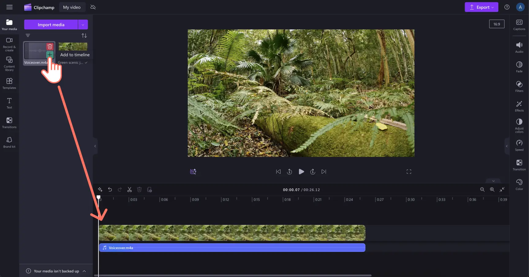 Image of a user adding an audio asset to the timeline in Clipchamp.