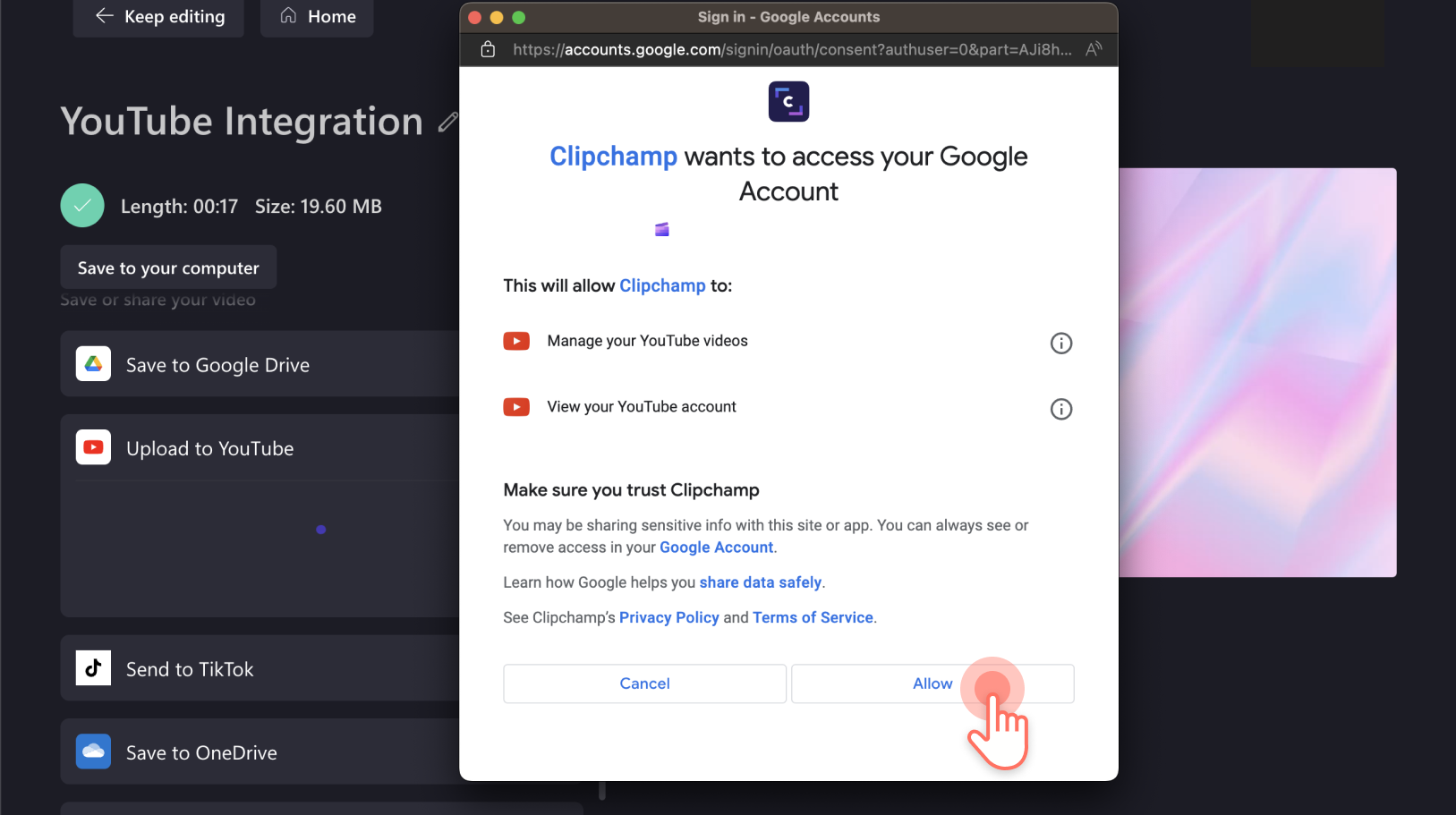 Allow Clipchamp to access your Google account for YouTube