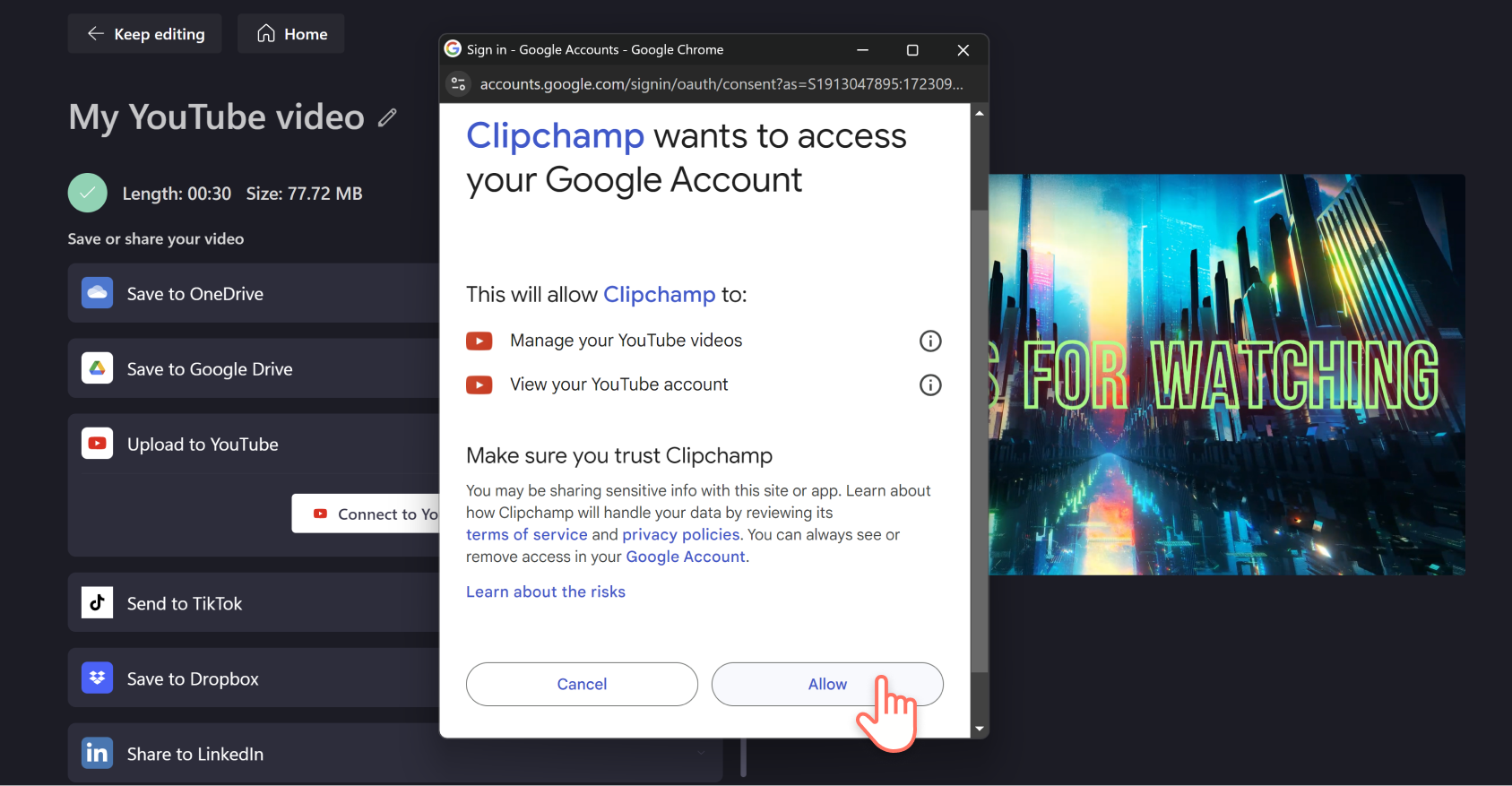 An image of a Clipchamp user clicking allow in the pop-window to grant Clipchamp access to their Google Account.