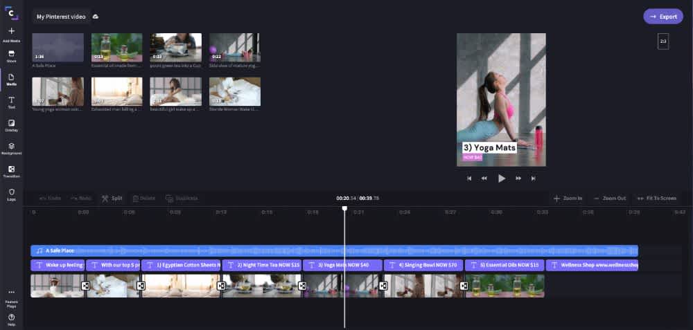 Screenshot of the Clipchamp video editor. A 2:3 aspect ratio video is being edited on the timeline with video clips, text, and transitions.