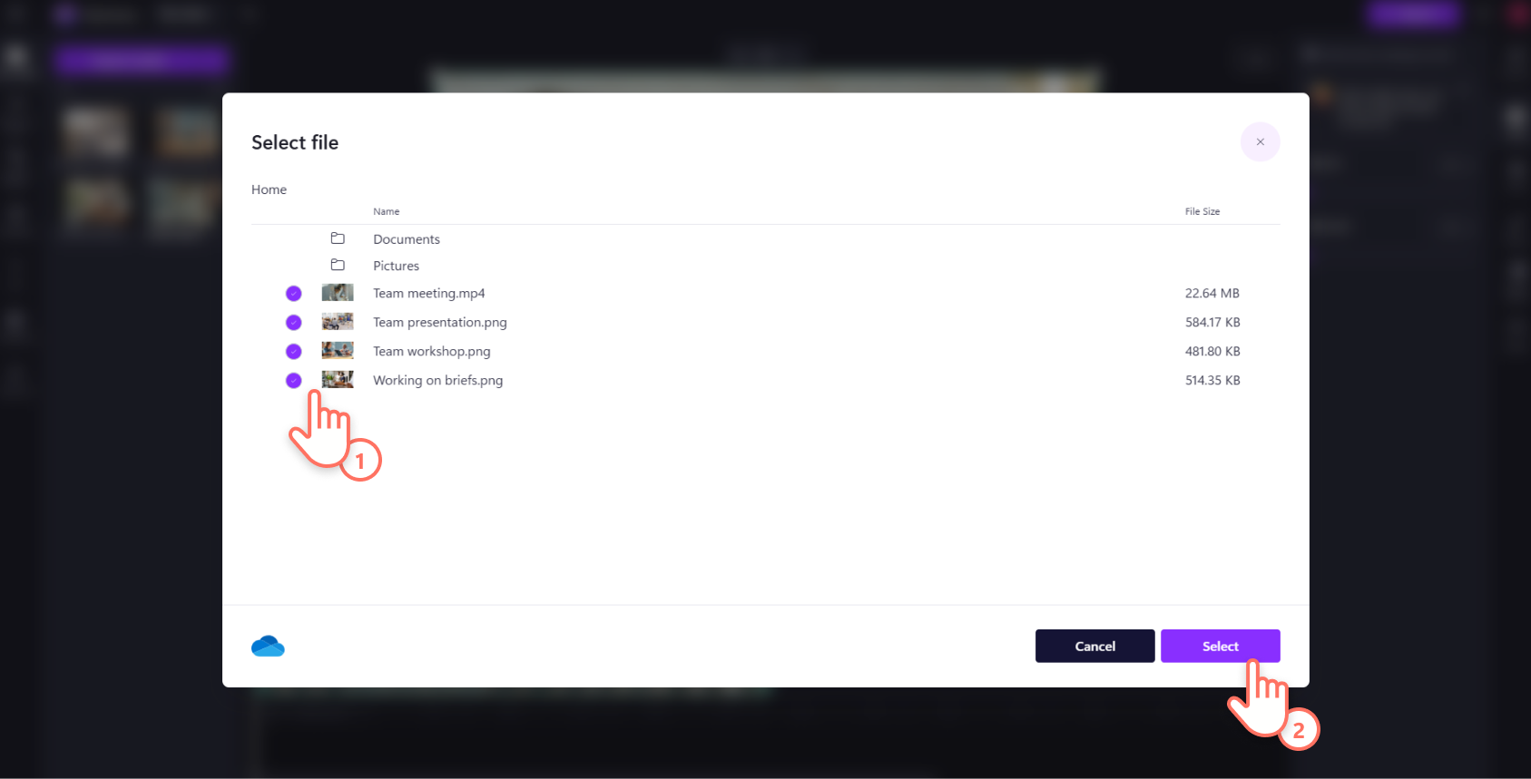 An image of a Clipchamp user selecting items to upload from OneDrive.