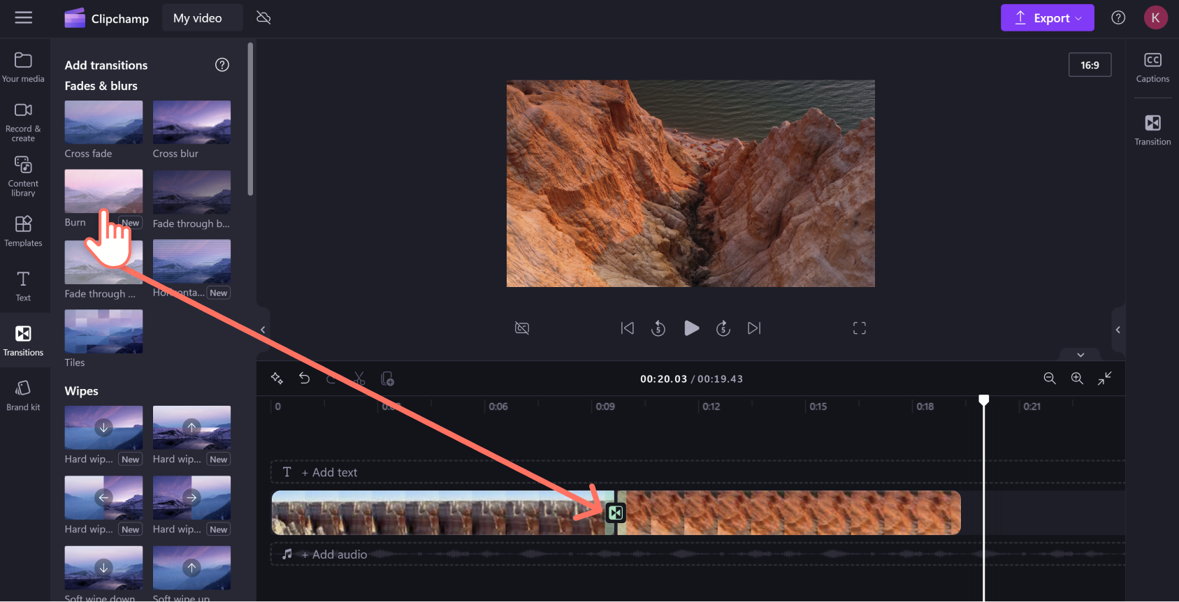 Dra og slipp overganger i Clipchamp