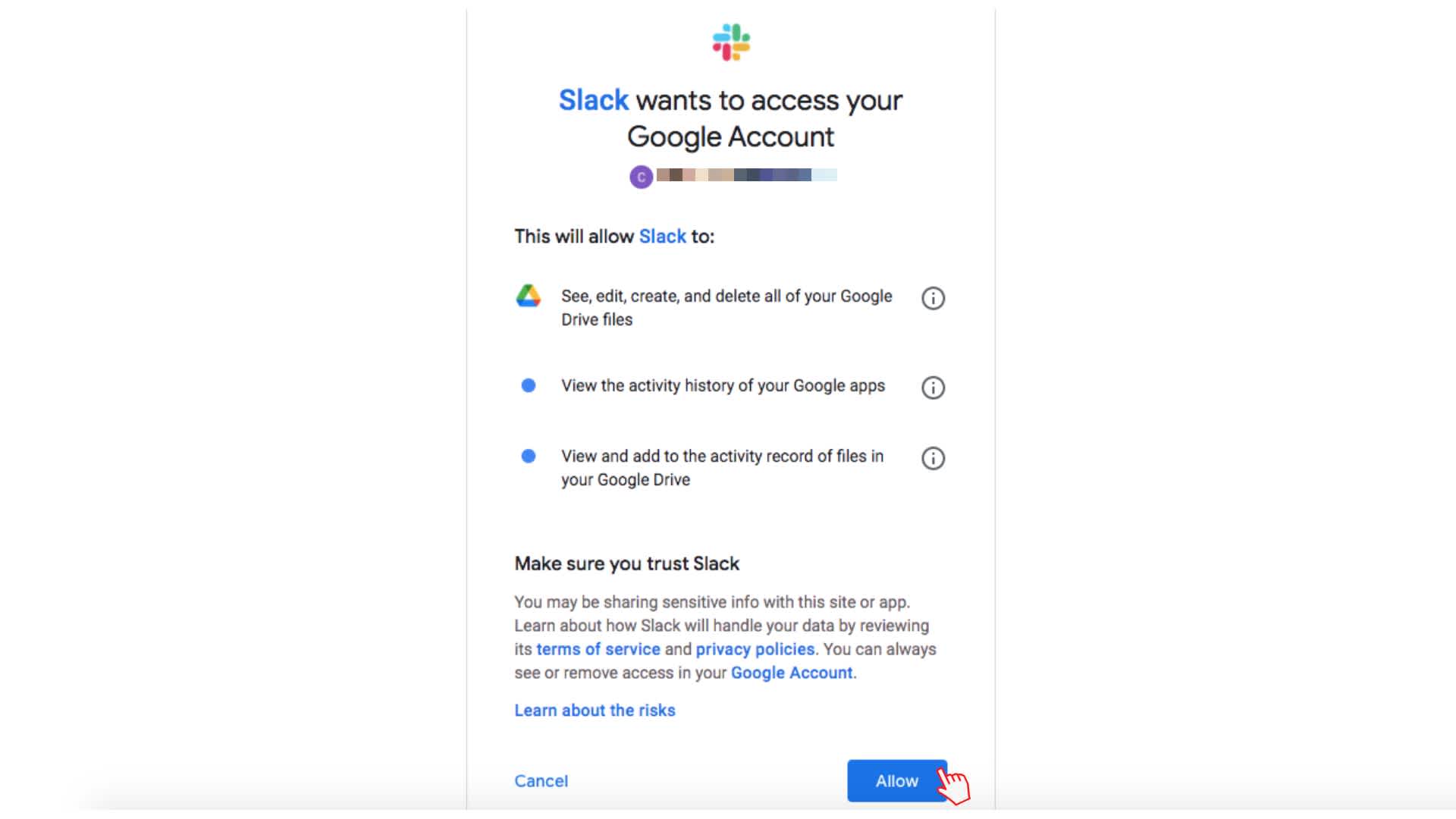 Allow access to Google Account - How to Embed Video in Slack